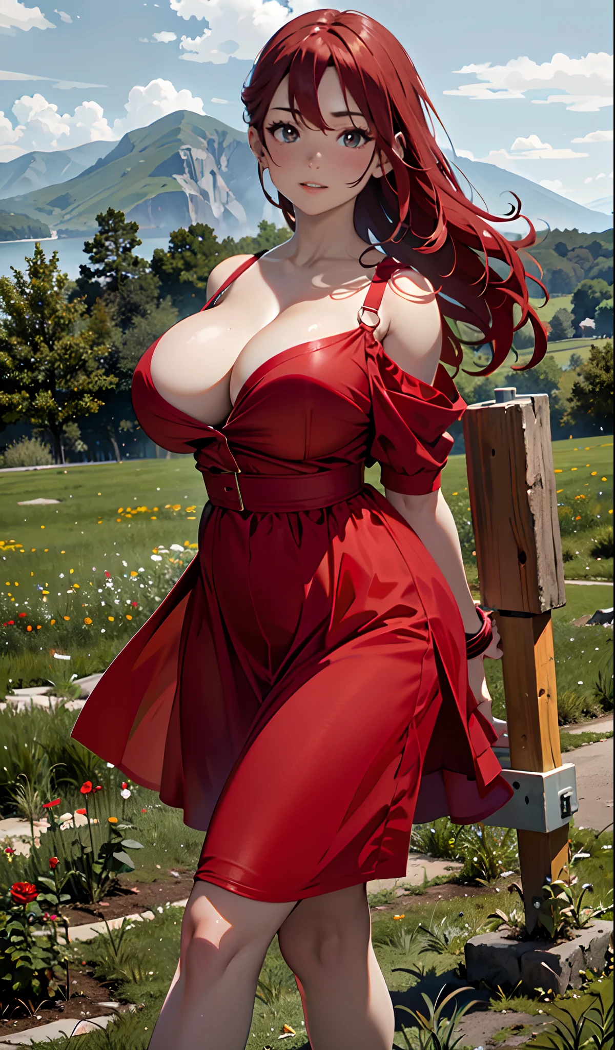 a close up of a woman in a red dress holding a hammer, wearing a red sundress, wearing red dress, redhead girl, wearing a red dress, sexy red dress, red bra, red head, red haired goddess, redhead, red dress, red hot, buxom chested, cleavage, curvy, in a red dress, ( redhead