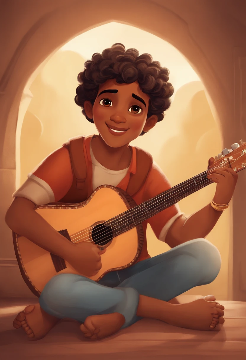 crie um banner no estilo Pixar. A boy with Indian features, moreno pardo com cabelos curtos, Castanhos escuros, Curly and slightly grayish appearance, mas jovem, usando uma camiseta, Wearing jeans and holding a classical guitar with 7 strings.