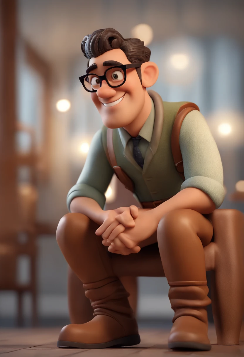 Cartoon character of a man with black glasses, cabelo baixo castanho escuro e uma camisa branca, animation character, Caractere estilizado, animation style rendering, 3D estilizado, Marcio rocha, 3 d render stylized, toon render keyshot, Personagem 3D, Personagem 3D, 3d rendering stylized, 3 d character render, personagem de desenho animado, Personagem de close up, Pose de personagem, (Estilo Pixar) (master part:1.2) (Bokeh) (best quality) (pele detalhada) (textura detalhada) (8k) (argila) (Cinematic lighting) (foco nítido