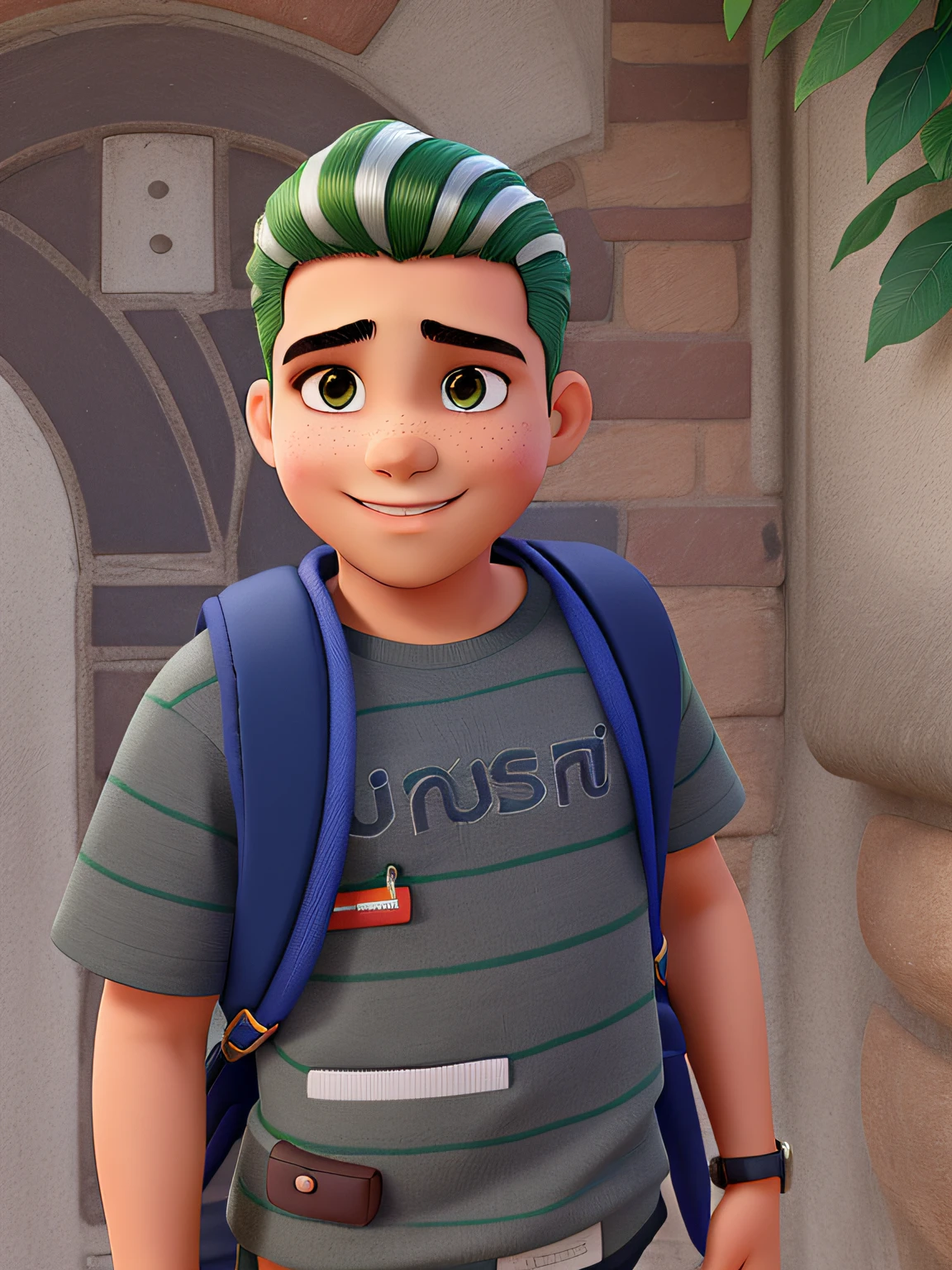 um menino de cabelo verde indo para escola