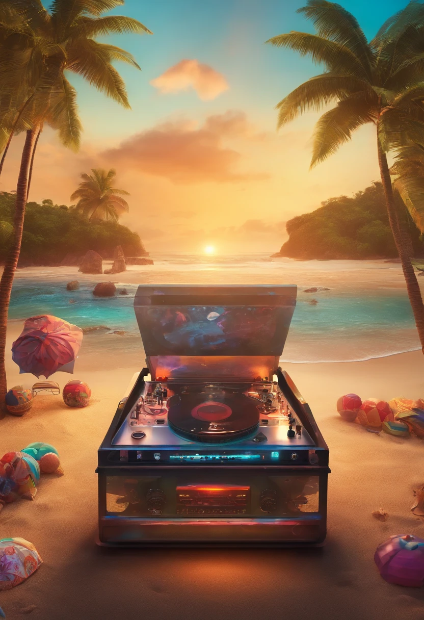 Desenho estilo 3D Pixar de uma festa rave na praia com minha foto de DJ tocando em primeiro plano