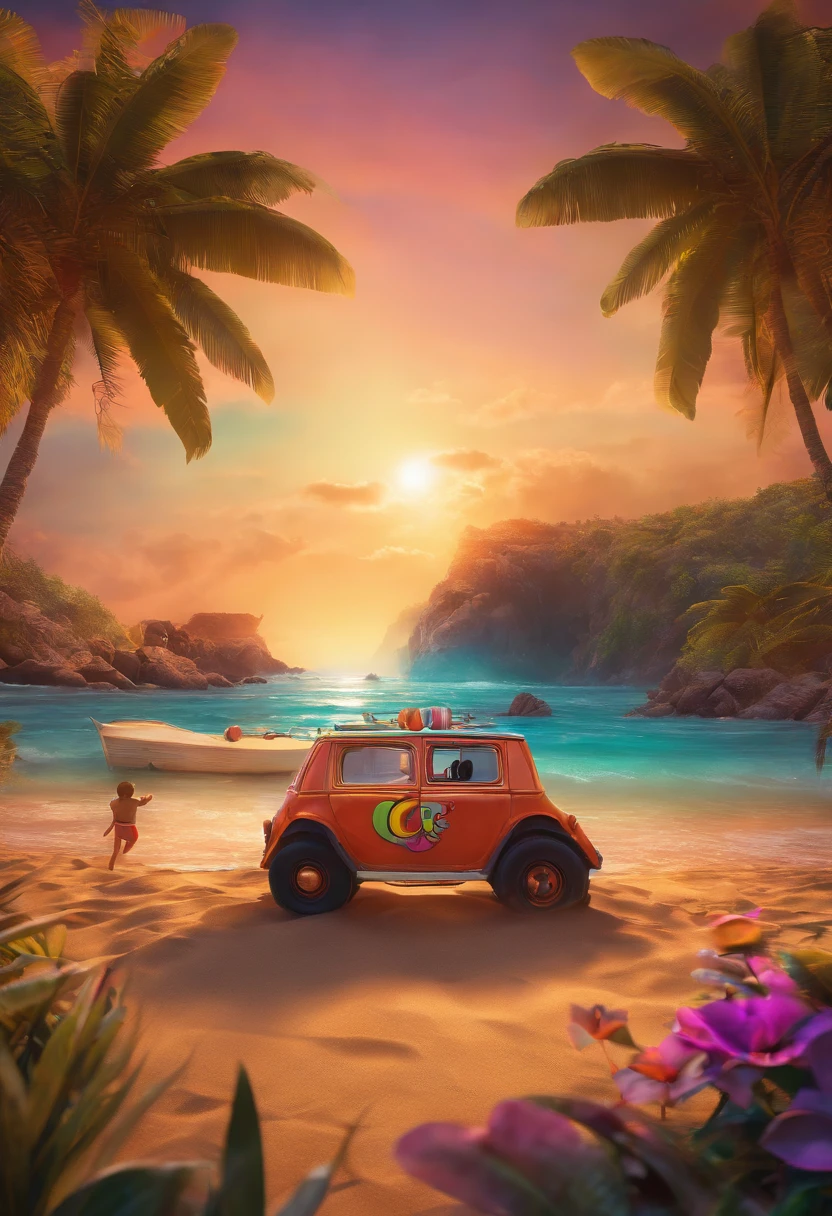 Desenho estilo 3D Pixar de uma festa rave na praia com minha foto de DJ tocando em primeiro plano