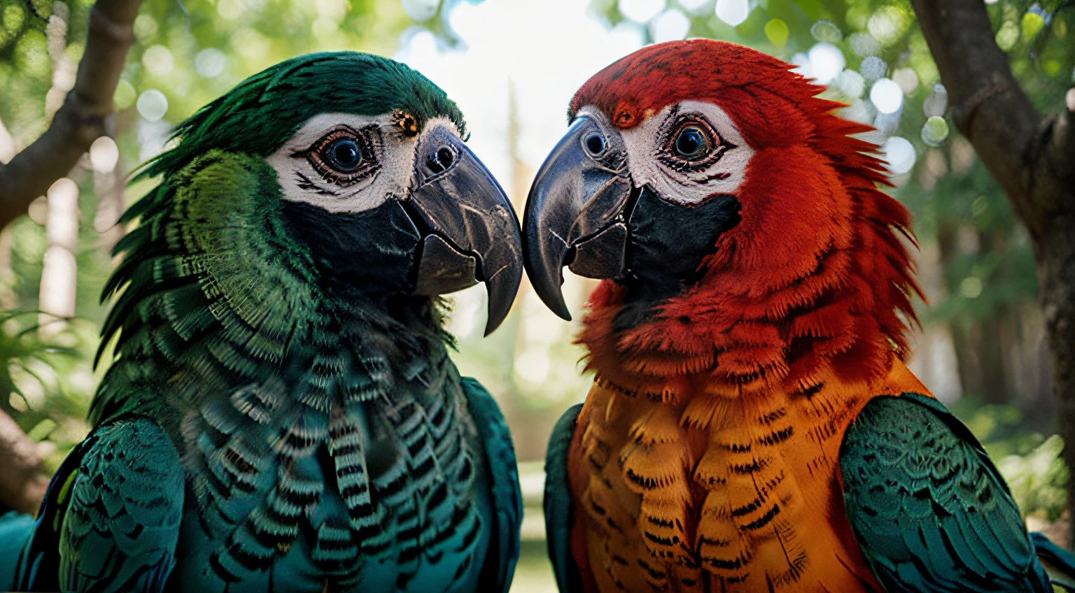 2 Beautiful colorful macaws, pretty eyes, so cute, Fantasy creature, 3d, colorful dreamy forest background, photo-realistic depiction, majestic bird, intricate plumage, iridescent feathers, 8K, vivid colors, fine lines, mythical charm, dramatic angle, Realistic Photography, Detail,