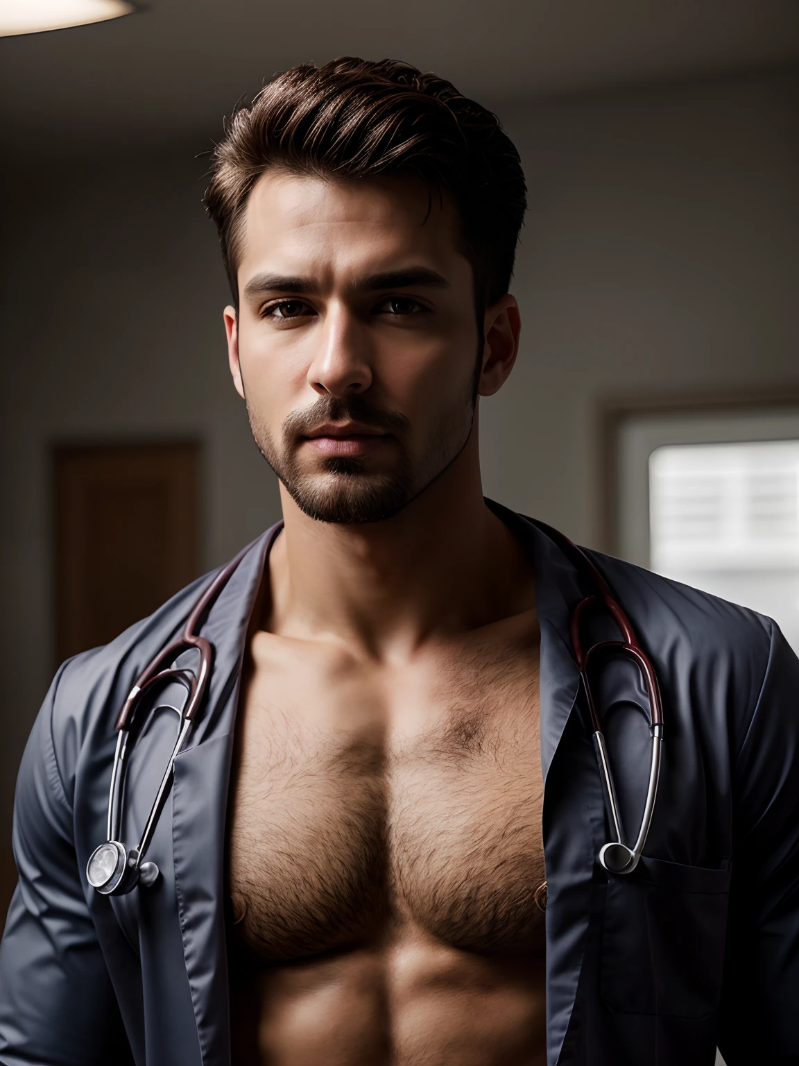 masterpiece, best quality, high resolution, closeup portrait, male focus, solo focus, A man, with doctor clothes, bare chest, body hair, facial hair, muscular , in the background a doctor office, amazing composition, front view, HDR, ultra quality, elegant, highly detailed