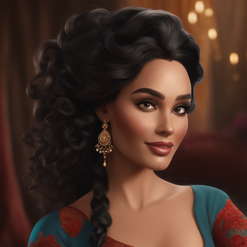 A strikingly elegant Disney Pixar character, the woman possesses long curly black hair that cascades down her back, framing her large cheekbones and wide nose. The meticulously crafted image, reminiscent of a stunning oil painting, captures the character's captivating allure with its radiant colors and intricate details. The artist flawlessly portrays the woman's features, showcasing the richness of her hair, the prominence of her cheekbones, and the uniqueness of her wide nose