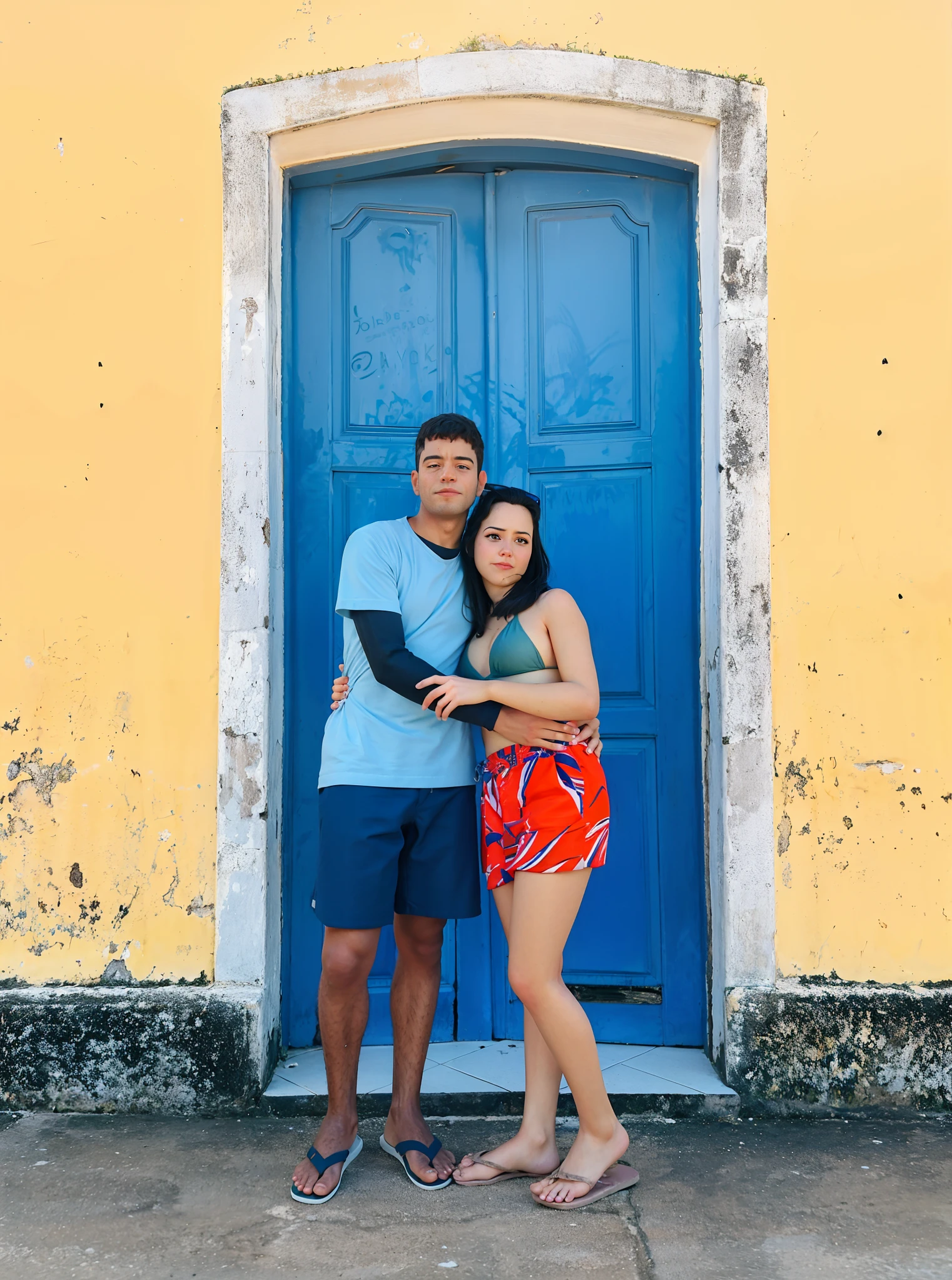 Arafed couple in front of a blue door in front of a yellow building, Directed by: Nandor Soldier, Fotografia tirada em 2 0 2 0, tomada em 2 0 2 0, imagem de perfil, Malika Favre, vacation photo, Directed by: Andrée Ruellan, pose de casal, salvador, Directed by: Teresa Fasolino, Postagem 4k