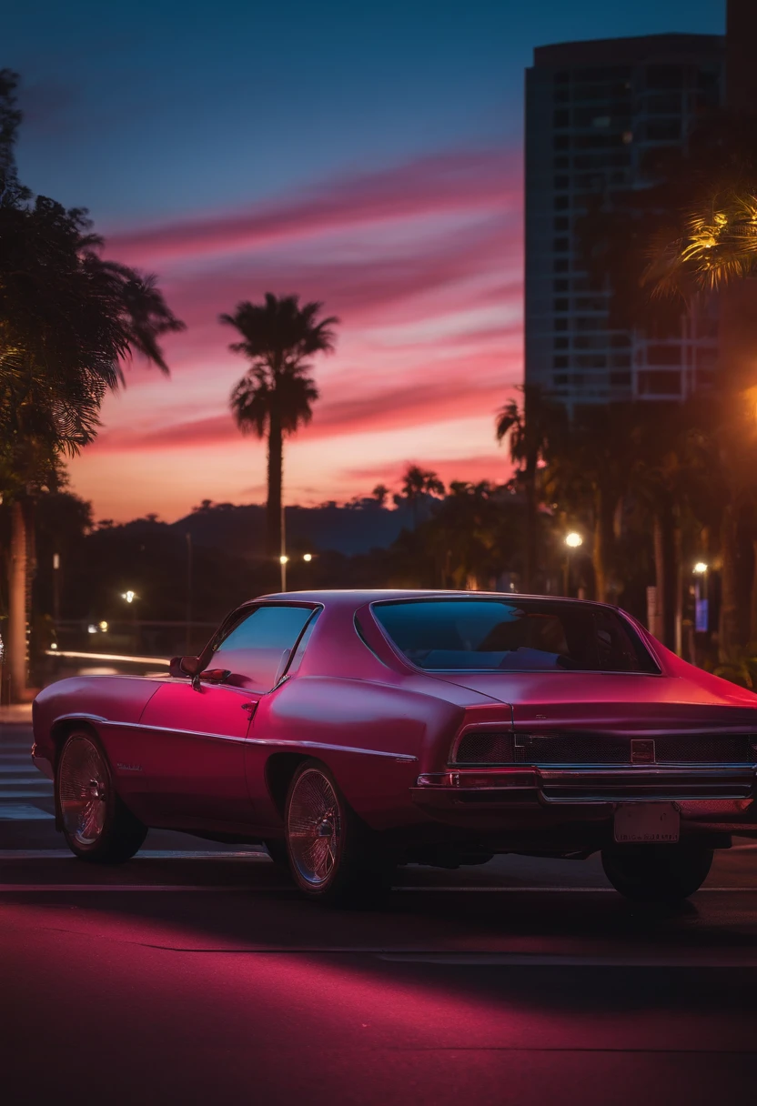 Um {Branco|preto|vermelho|azul|Rosa) car is parked by the side of the road :: Pink sunset and city in the background :: 1980 :: Estilo de luxo :: hiperdetalhado : ultra realistic :: cinemactic :: neon lighting :: Motor irreal :: RTX --ar 2:3, (VUmZ2113),