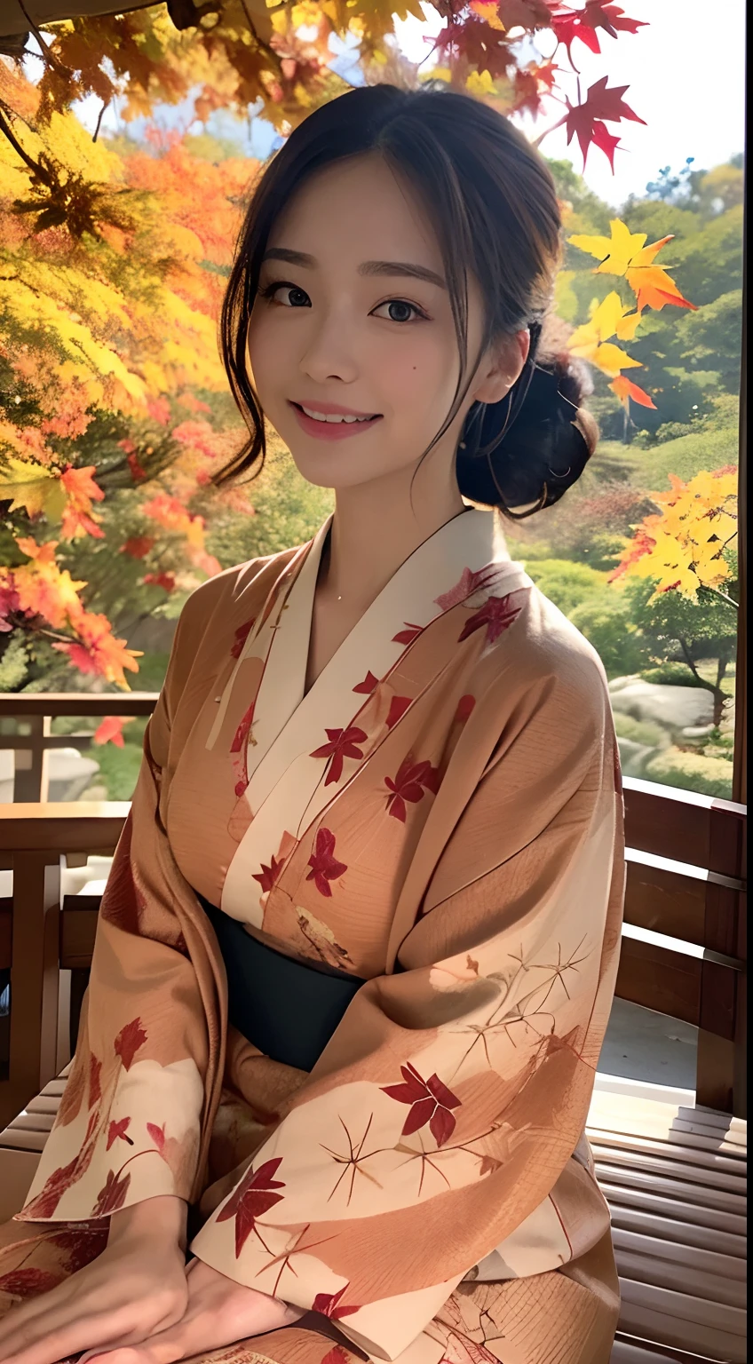 (Photorealsitic:1.4), (Top image quality:1.0), (超A high resolution:1.0), 8K, Raw photography, (​masterpiece:0.2), (pureerosface_v1:0.5)、(Best Quality Detail:1.2)、realisitic、8K UHD、hight resolution、(1girl in:1.2)、The ultra-detailliert、High quality textures、intricate detailes、detaileds、Very detailed CG、High quality shadows、Detail Beautiful delicate face、Detail Beautiful delicate eyes、depth of fields、Ray traching,1girl in, japanaese girl, Cute, slender, red kimono、Floral scrunchie, Beautiful skin, Facing the front,Sit down, Sit upright and say thank you,Align your hands elegantly,Smile faintly The Land of Japan,Japanese garden,Luxury Japanese-style room, (In rows of maple trees:1.2), ((Autumn foliage scenery:1.3)), skyporn, Magic Hour, (Realistic:1.3), Finely detailed, quality, (masutepiece:1.2), (Photorealistic:1.2), (Best Quality), (Intricate details), Dramatic, Ray tracing, photograph, +Lola