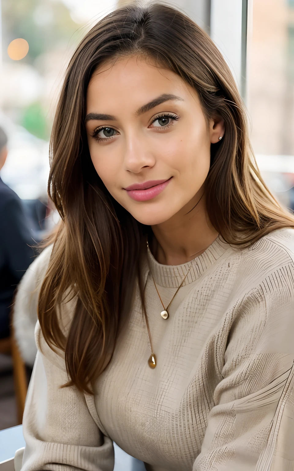Beautiful blonde with blonde highlights wearing a beige cozy knit sweater (In a café sipping a hot chocolate), Very detailed, 33 anos, Rosto elegante, cabelos naturais com pontas leventeme onduladas, olhos castanhos, high resolution, master part, best quality, Alto detalhe intrincado, altamente detalhado, Crisp Focus, pele detalhada, textura de pele realista, textura, olhos detalhados, profissional, 4k, sorriso encantador, filmado na Canon, 85 millimeters, profundidade de campo rasa, Cor Kodak Vision, corpo de ajuste perfeito, extremamente detalhado, fotografia_\(Ultra\), photoreallistic, Realista, Post-processing, maximum details, rugosidade, vida real, Ultra realista, fotorrealismo, fotografia, 8k UHD, fotografia