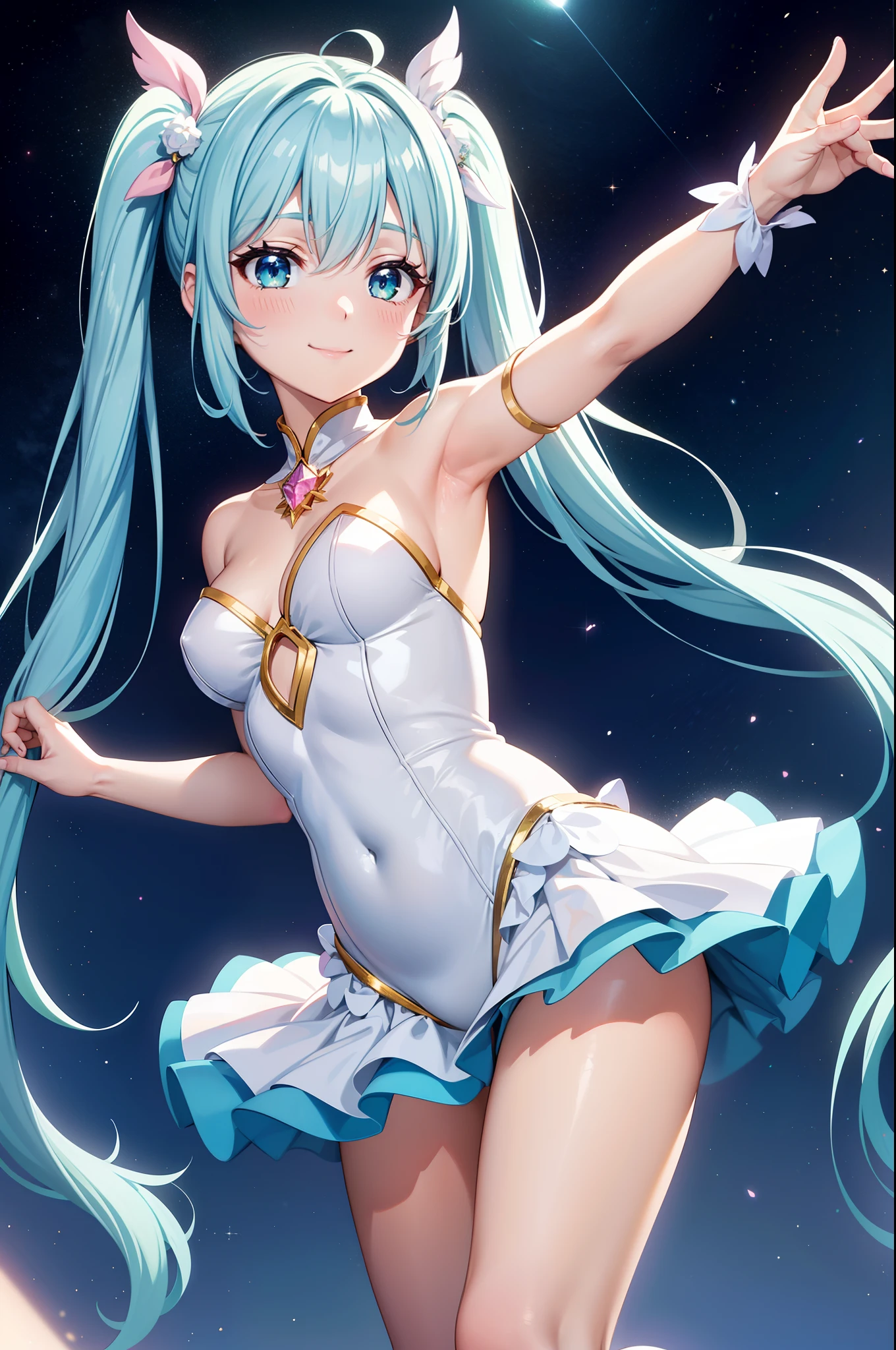 Super Idol a beauty girl adorable smiling sky blue hair length hair Facing straight ahead Looking at the camera Twin-tailed Colorful ruffled leotard outfit in sparkly white and pale green and pink and white Mystical Fantasia constellation a moon Crystal Brilliance Aurora Borealis in the Night Sky