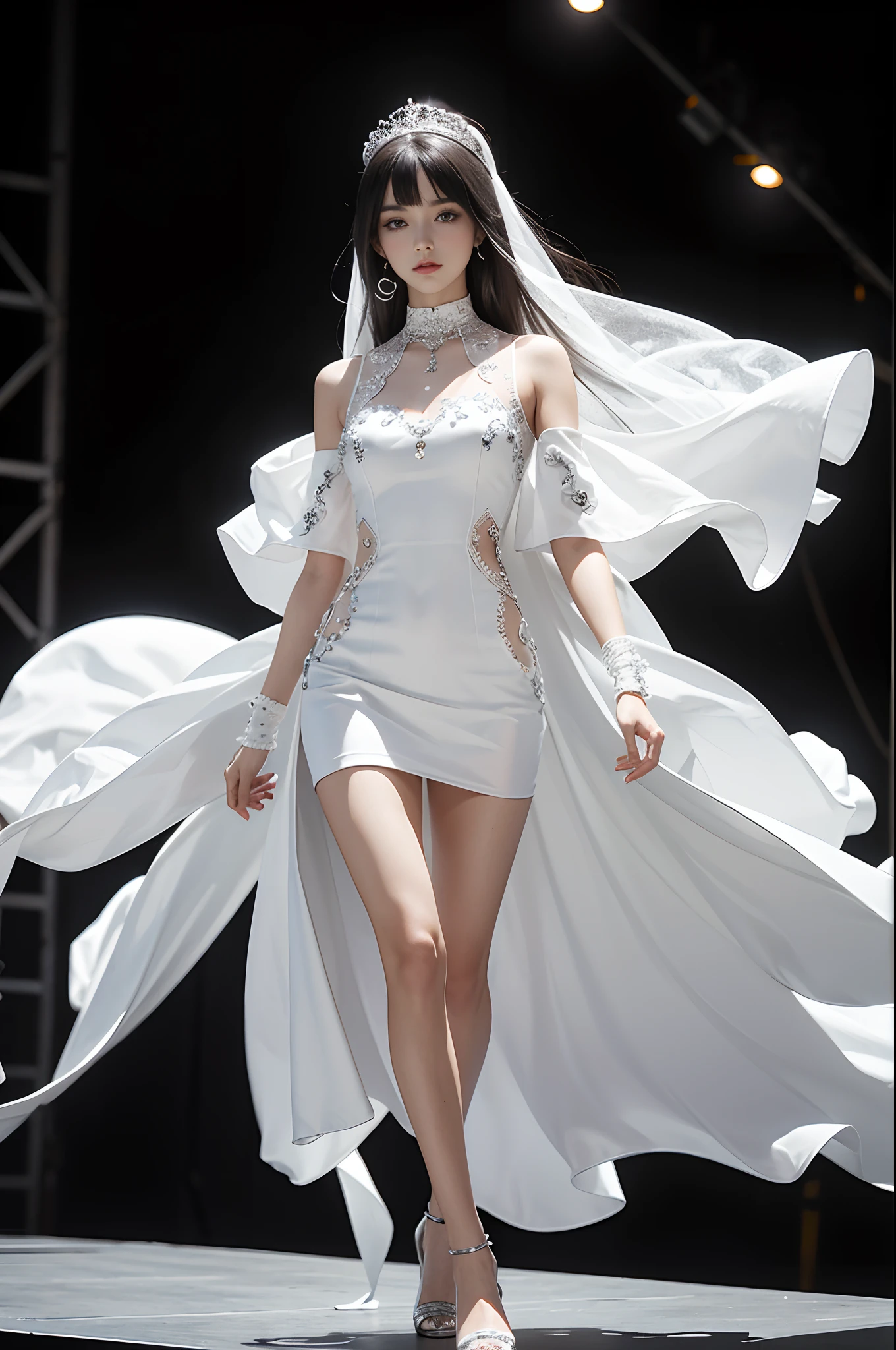 Fashion show, A female model walking on the catwalk, she wears white and black, silver embellishments, fashion statement, Mary Quant inspired outfit. Highly detailed.