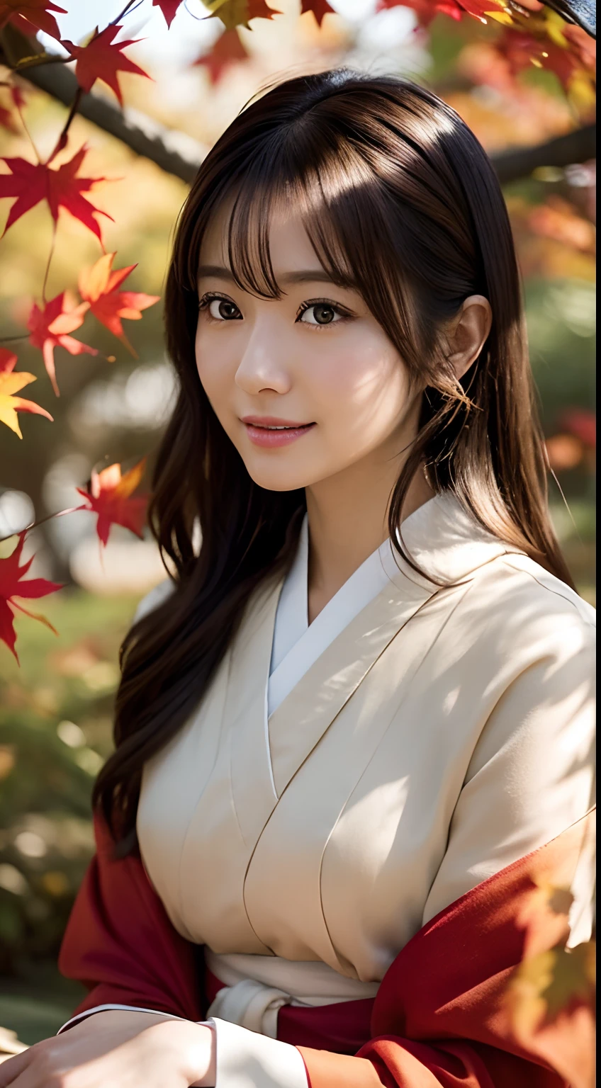 (Photorealsitic:1.4), (Top image quality:1.0), (超A high resolution:1.0), 8K, Raw photography, (masterpiece:0.2), (pureerosface_v1:0.5)、(Best Quality Detail:1.2)、realisitic、8K UHD、hight resolution、(1girl in:1.2)、The ultra-detailliert、High quality textures、intricate detailes、detaileds、Very detailed CG、High quality shadows、Detail Beautiful delicate face、Detail Beautiful delicate eyes、depth of fields、Ray traching,1girl in, japanaese girl, Cute, slender, red kimono、Floral scrunchie, Beautiful skin, Facing the front,Sit down, Sit upright and say thank you,Align your hands elegantly,Smile faintly The Land of Japan,Japanese garden,Luxury Japanese-style room, (In rows of maple trees:1.2), ((Autumn foliage scenery:1.3)), skyporn, Magic Hour, (Realistic:1.3), Finely detailed, quality, (masutepiece:1.2), (Photorealistic:1.2), (Best Quality), (Intricate details), Dramatic, Ray tracing, photograph, +Lola