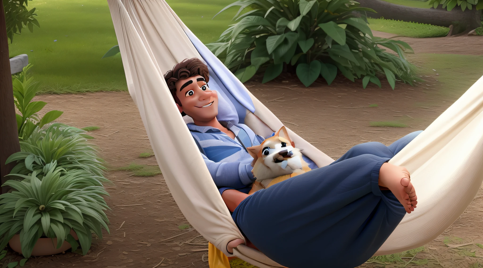 There is a man lying in a hammock with a dog, Relaxando feliz, he is very relaxed, with his hyperactive little dog, relaxing and smiling at camera,