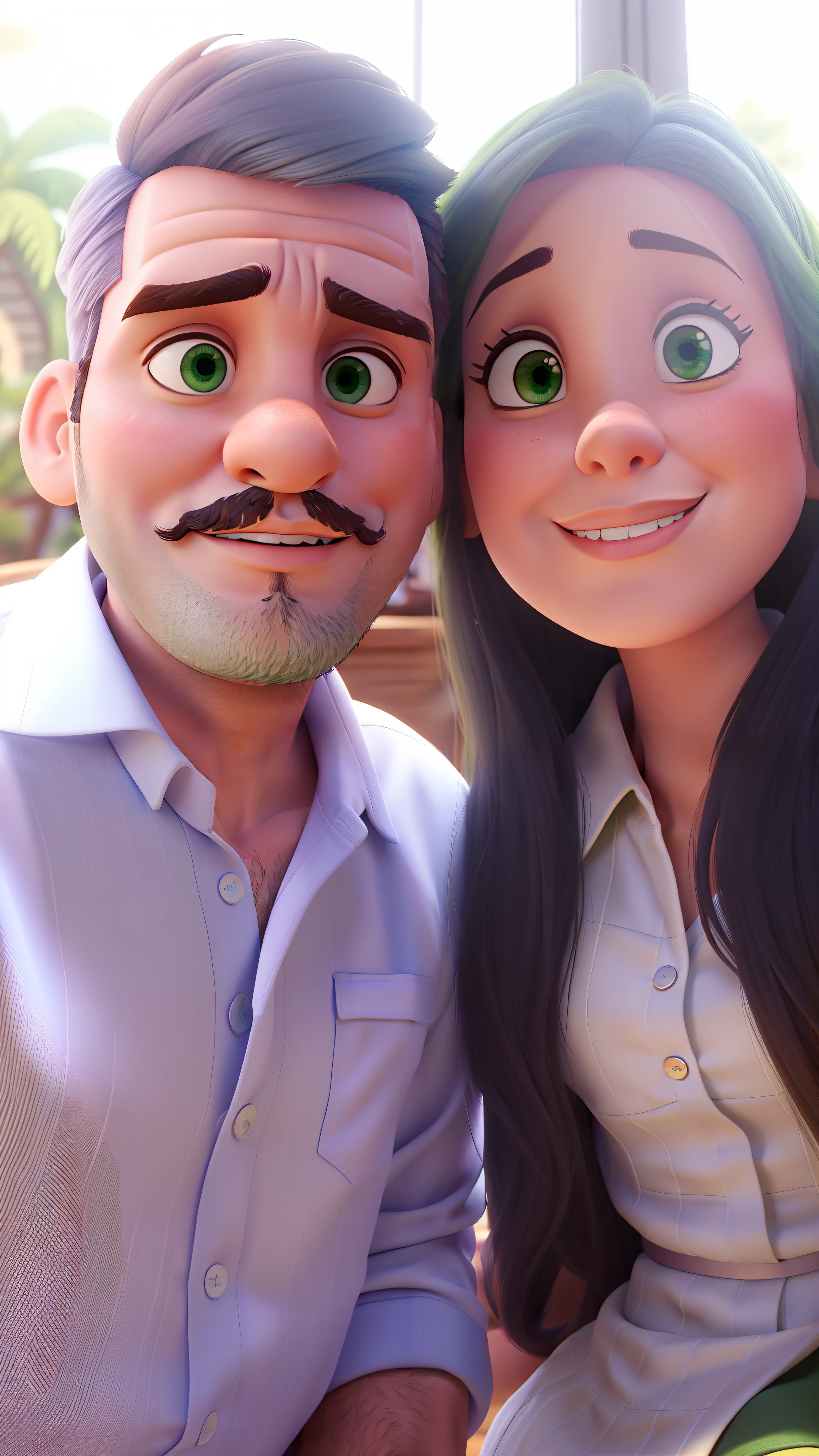 Casal estilo disney pixar melhor qualidade alta qualidade. Homem cabelo de lado com barba e mulher branca olhos verdes cabelos longos lisos castanho escuro