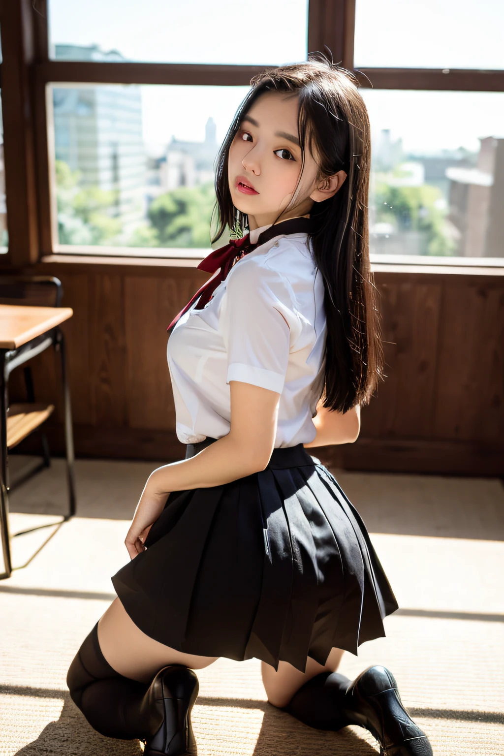 Japanese high school  girl, bottom less, naked lower body, masutepiece, Best Quality, White shirt, Red Ribbon Tie