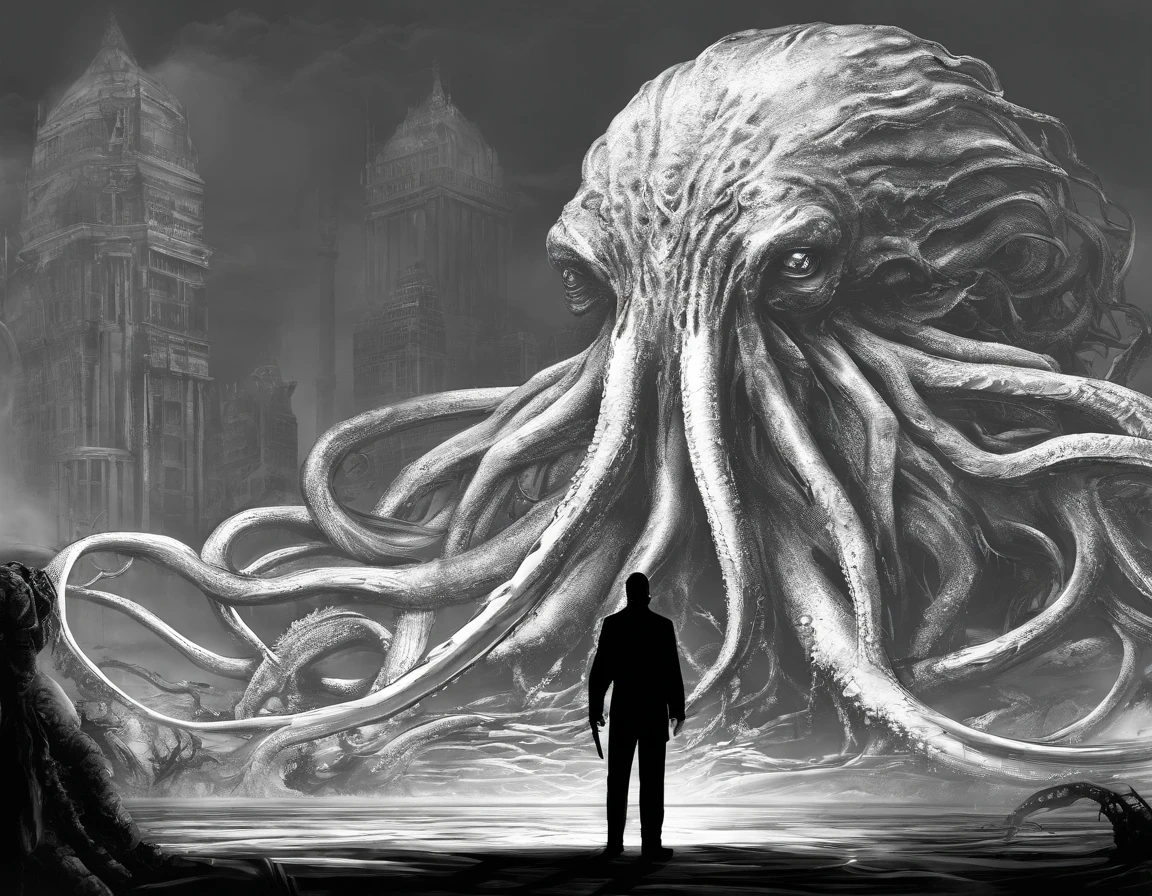 A man standing in front of a giant octopus in a city - SeaArt AI