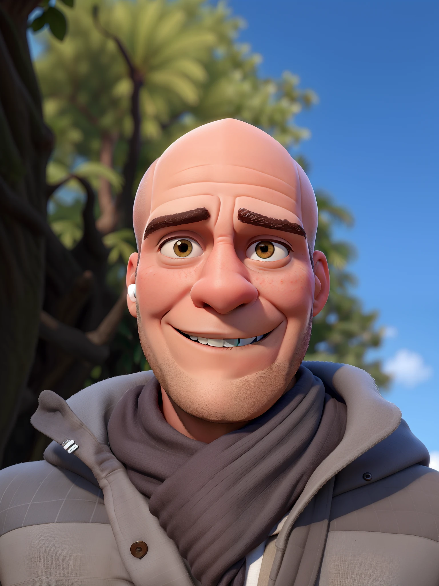 Homem moreno careca, olhos castanhos, estilo Disney pixar.