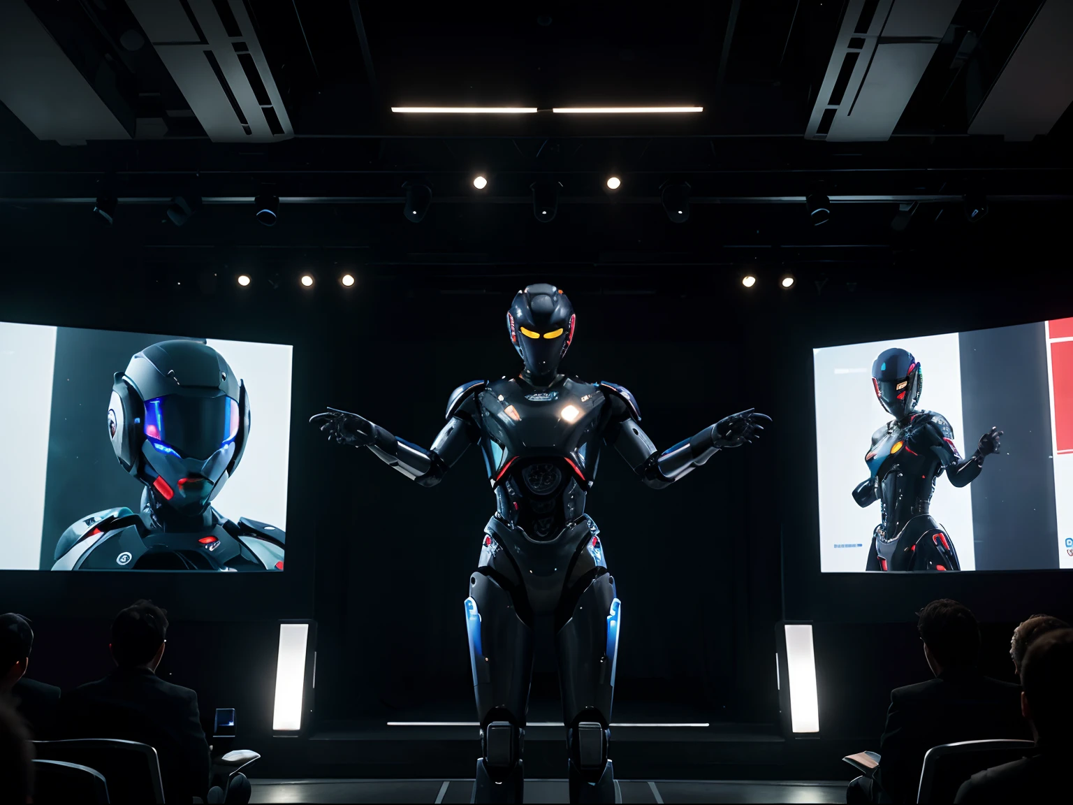 Visualize an advanced technology conference. On stage, an ultra-realistic robot is giving a lecture on artificial intelligence to an audience composed of humans. The robot, with its futuristic and detailed appearance, is gesturing and interacting with the audience in an almost human way. In the background, a large screen clearly displays the title of the lecture: "Criando sua primeira AI". The title is sharp, correctly saying, and the spelling is precise and accurate. The stage lighting highlights both the robot and the words on the screen. Please note that every aspect of this image should be ultra-realistic.”