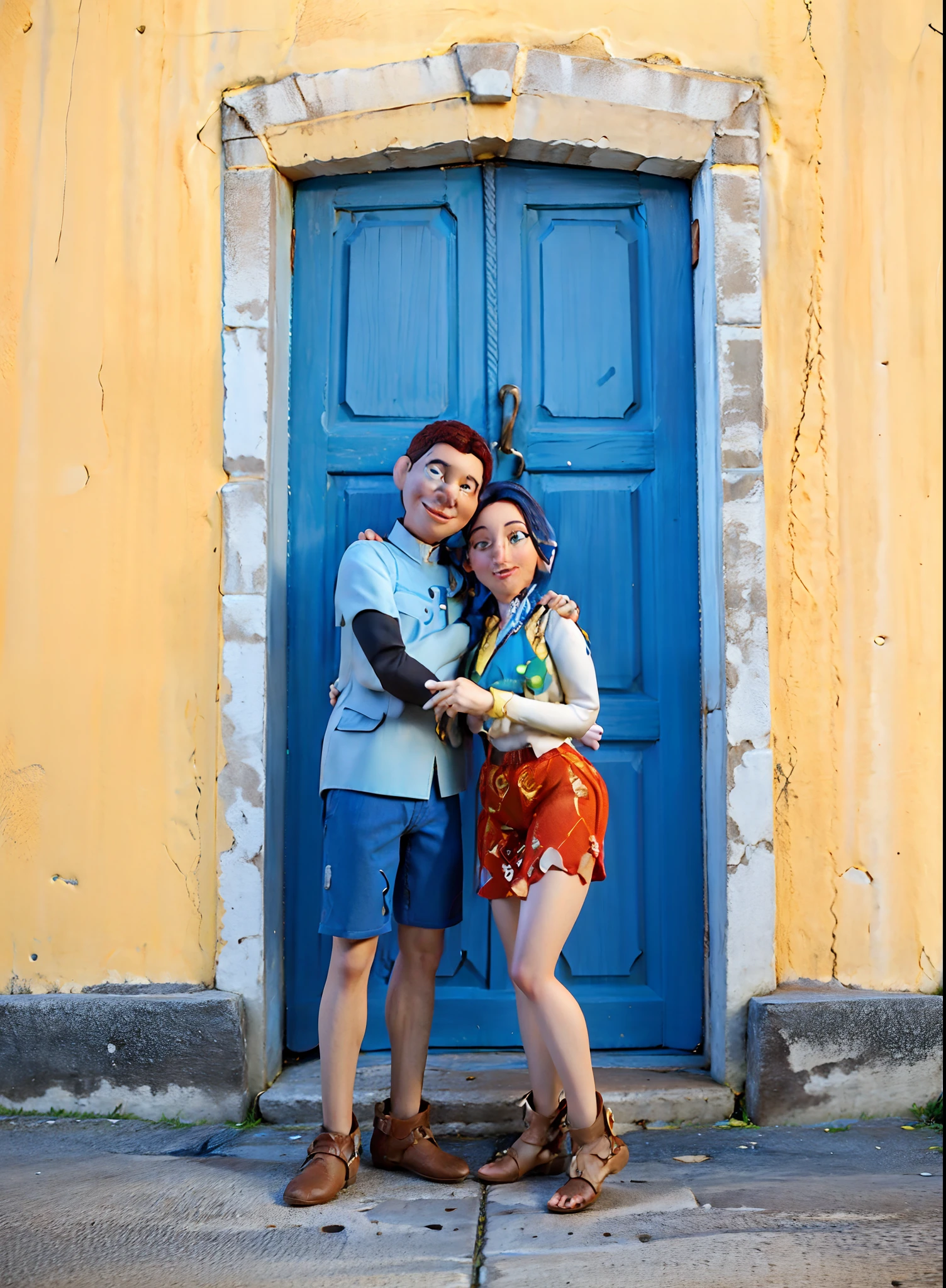 Arafed couple in front of a blue door in front of a yellow building, Directed by: Nandor Soldier, Fotografia tirada em 2 0 2 0, tomada em 2 0 2 0, imagem de perfil, Malika Favre, vacation photo, Directed by: Andrée Ruellan, pose de casal, salvador, Directed by: Teresa Fasolino, Postagem 4k