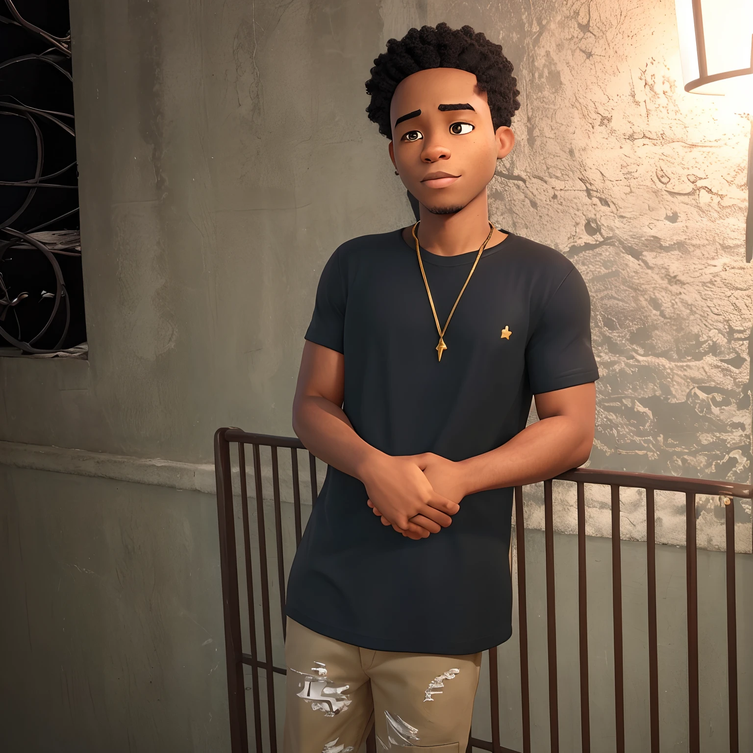 a black man holding their hands with golden necklace and black t-shirt