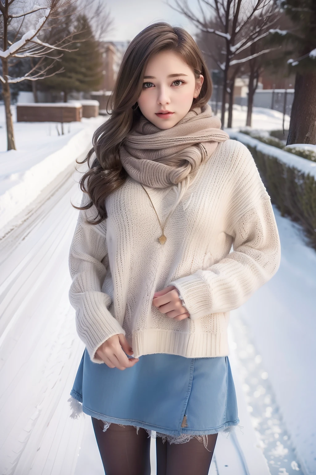 Winters，Snowy landscape，Beautiful teenage girl，lacepantyhose，random color，Long sweater，scarf，depth of fields，Real Light，Ray traching，OC Renderer，UE5 Renderer，Hyper-realistic，best qualtiy，8K，Works of masters，super-fine，Detailed pubic hair，Correct anatomy