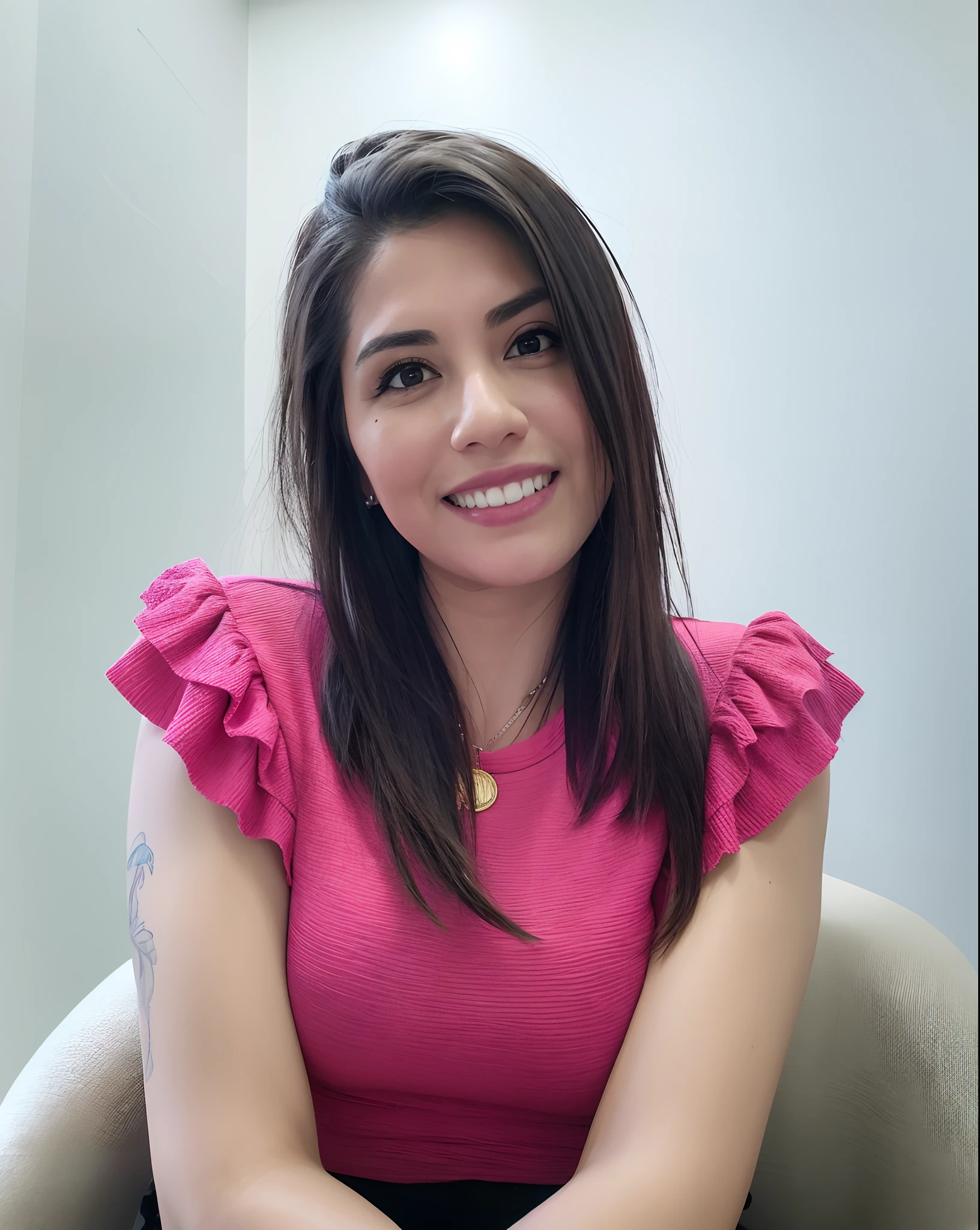 Smiling woman in pink top sitting on chair with hands crossed, fernanda suarez, Alanis Guillen, Lorena Avarez, julia fuentes, Adriana DXIM, Estefania Villegas Burgos, by Amelia Peláez, Karla Ortiz, Valentina Embaralhamento, Marischa Becker, by Gina Pellón, Caroline Gariba