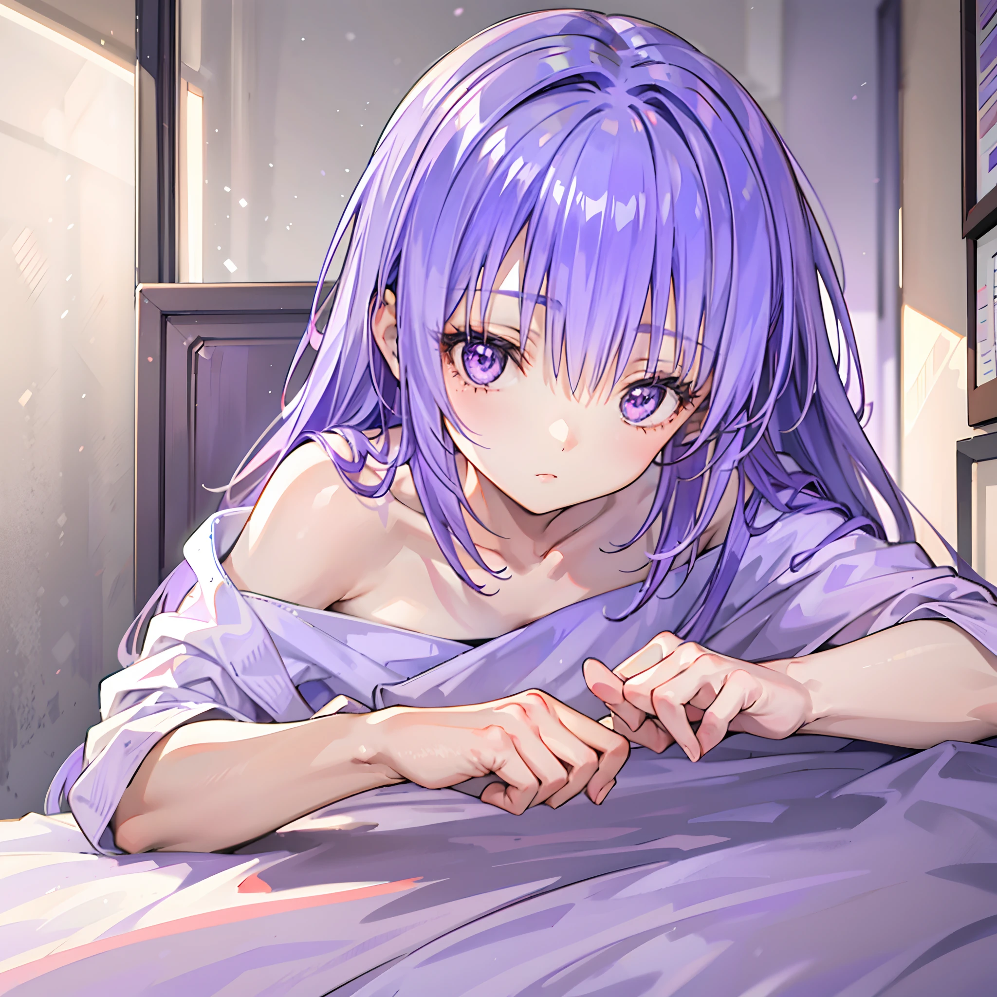 (1 girl: 1.1) ,((Light purple hair)), Purple eyes, lying on the bed, Bath towel