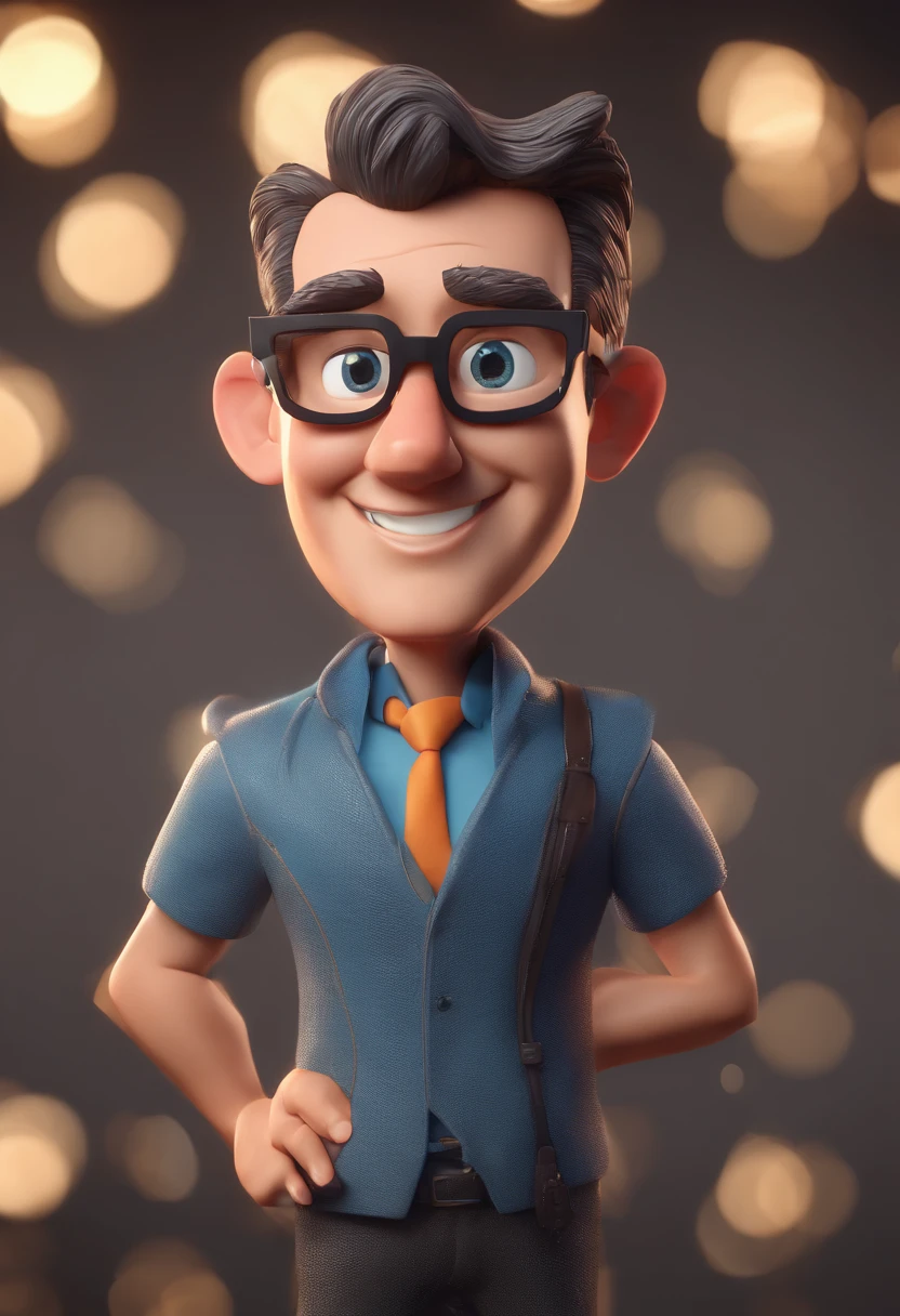 Cartoon character of a man with black glasses and a blue shirt, animation character, Caractere estilizado, animation style rendering, 3D estilizado, Arnold Maya render, 3 d render stylized, toon render keyshot, Personagem 3D, Personagem 3D, 3d rendering stylized, 3 d character render, personagem de desenho animado, Personagem de close up, Pose de personagem, (Estilo Pixar) (master part:1.2) (Bokeh) (best quality) (pele detalhada) (textura detalhada) (8k) (argila) (Cinematic lighting) (foco nítido