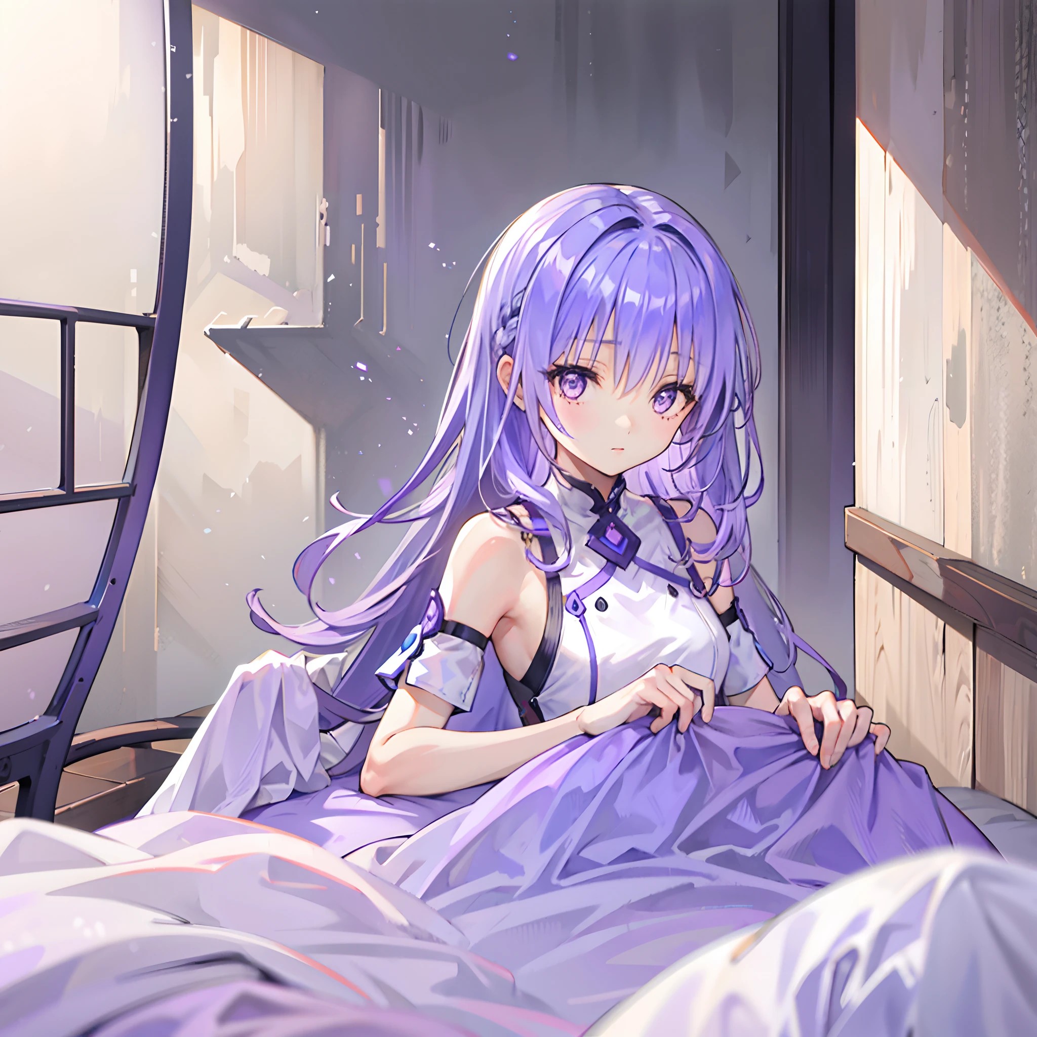 (1 girl: 1.1) ,((Light purple hair)), Purple eyes, lying on the bed, Bath towel