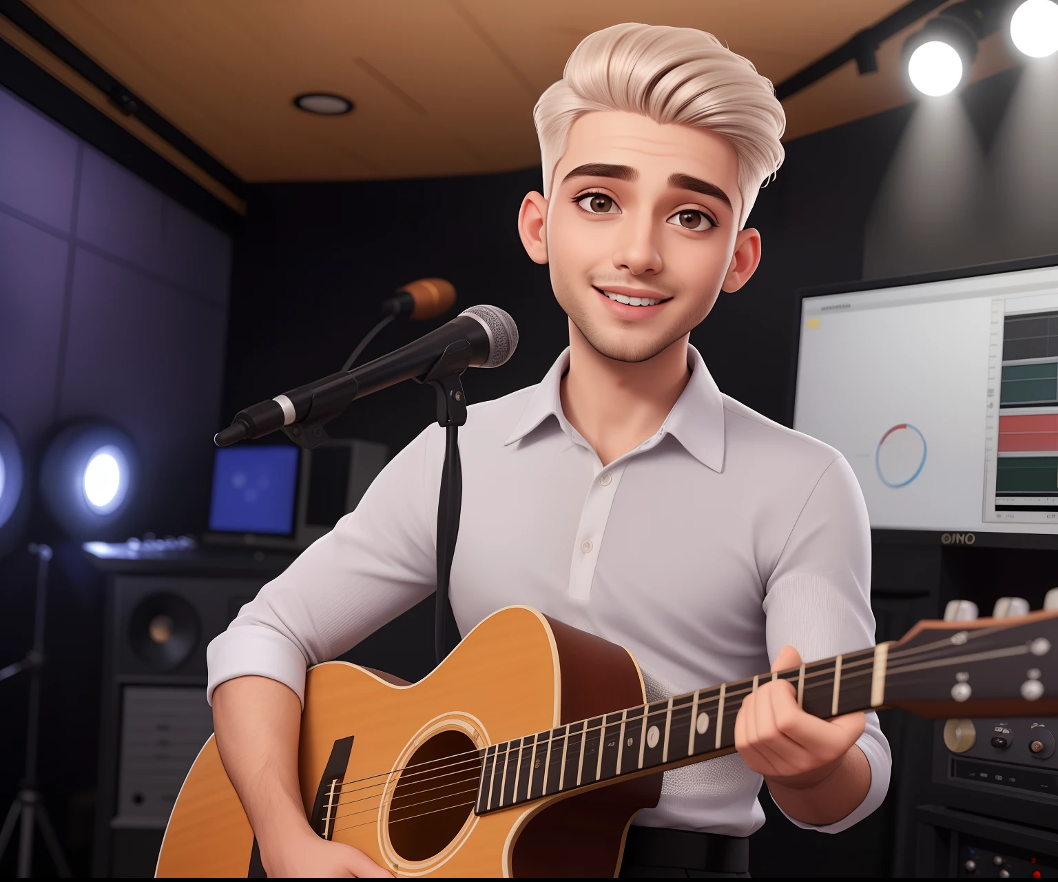 Um homem de 25 anos, com cabelos pretos curtos,face de diamante, olhar rigoroso, e olhos castanhos, vestindo camisa polo, In recording studio in front of soundboard, swite Live Streaming.
