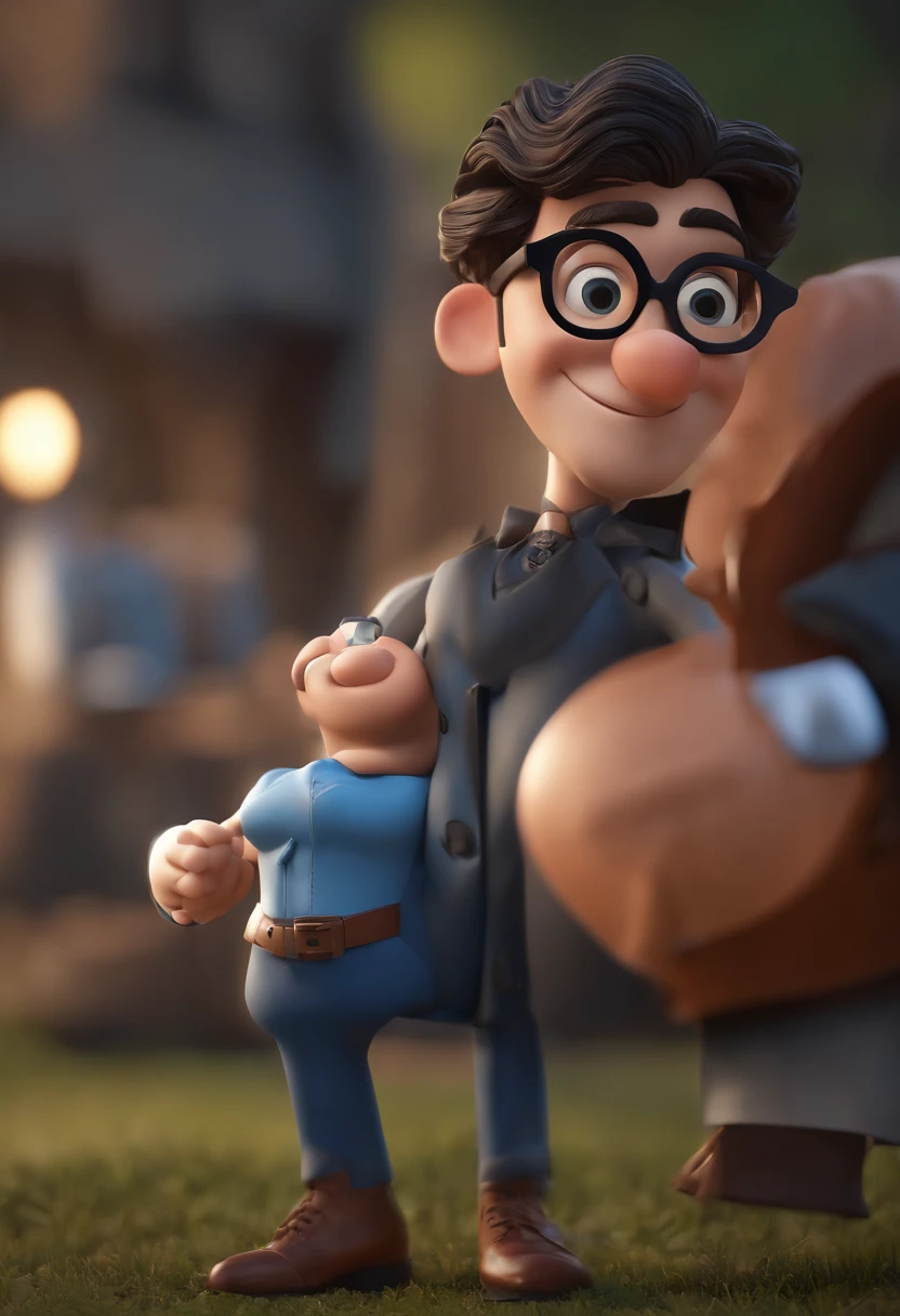 Cartoon character of a man with black glasses and a blue shirt with black jacket, com barba meio grisalho, animation character, Caractere estilizado, animation style rendering, 3D estilizado, Arnold Maya render, 3 d render stylized, toon render keyshot, Personagem 3D, Personagem 3D, 3d rendering stylized, 3 d character render, personagem de desenho animado, Personagem de close up, Pose de personagem, (Estilo Pixar) (master part:1.2) (Bokeh) (best quality) (pele detalhada) (textura detalhada) (8k) (argila) (Cinematic lighting) (foco nítido
