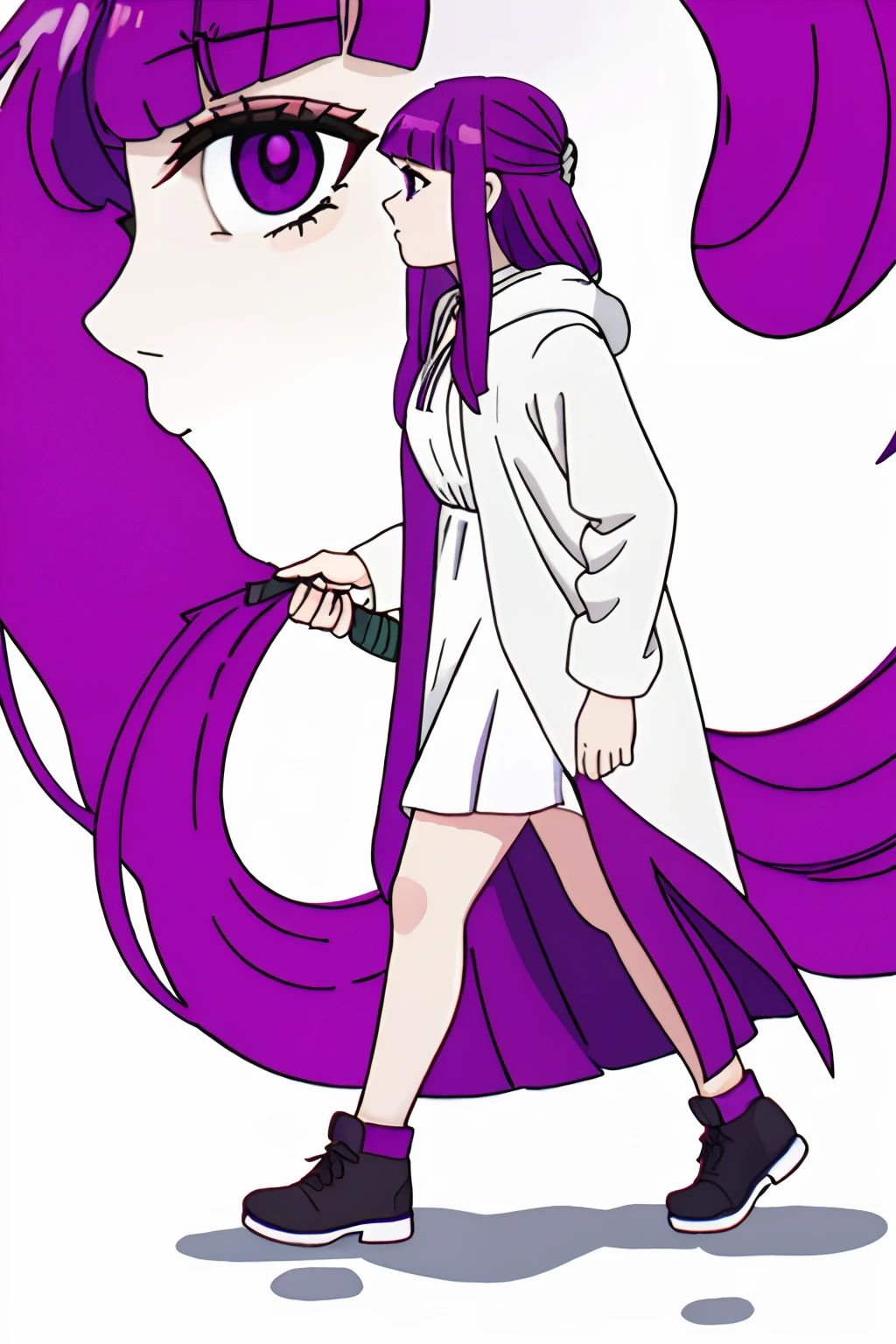 fern, long hair, bangs, (purple eyes:1.1), purple hair, sidelocks, blunt bangs, bright pupils, half updo, shirt, dress, jacket, white shirt, open clothes, hood, white dress, hood down, full body, side view, walking, plain background, white background, eye level, hyper detail, detailed,