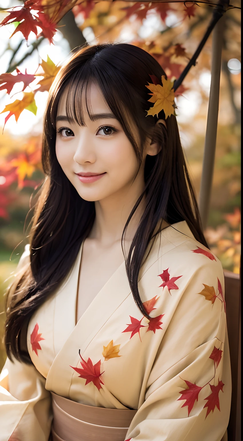 (Photorealsitic:1.4), (Top image quality:1.0), (超A high resolution:1.0), 8K, Raw photography, (masterpiece:0.2), (pureerosface_v1:0.5)、(Best Quality Detail:1.2)、realisitic、8K UHD、hight resolution、(1girl in:1.2)、The ultra-detailliert、High quality textures、intricate detailes、detaileds、Very detailed CG、High quality shadows、Detail Beautiful delicate face、Detail Beautiful delicate eyes、depth of fields、Ray traching,1girl in, japanaese girl, Cute, slender, Colorful kimono、Floral scrunchie, Beautiful skin, Facing the front,Sit down, Sit upright and say thank you,Align your hands elegantly,Smile faintly The Land of Japan,Japanese garden,Luxury Japanese-style room, (In rows of maple trees:1.2), ((Autumn foliage scenery:1.3)), skyporn, Magic Hour, (Realistic:1.3), Finely detailed, quality, (masutepiece:1.2), (Photorealistic:1.2), (Best Quality), (Intricate details), Dramatic, Ray tracing, photograph, +Lola