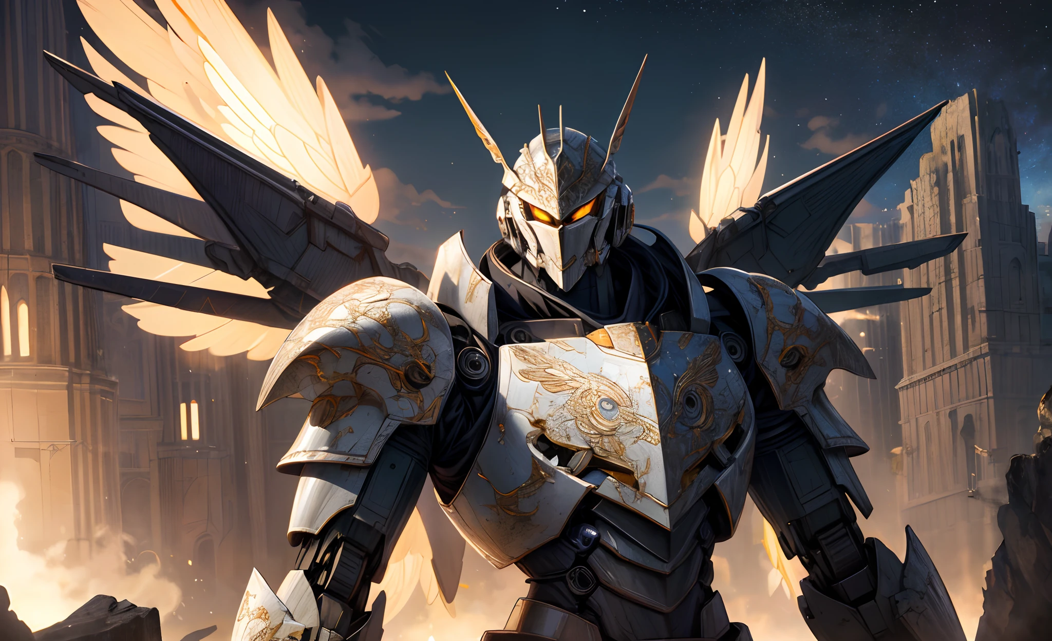 (Absurdres, Intricate Details, Masterpiece, Best Quality, High Resolution, 8k), looking at viewer, solo, half shot extremely high detailed, intricate, 8k, HDR, cinematic lighting, sky, cloud, holding weapon, glowing, armor, building, glowing eyes, mecha, science fiction,space, realistic,mecha, wings, better eyes detailed, highly detailed, solo, half shot, detailed background, (light fantasy theme:1.1), focusing, mercenary, sunshine, floating scraps, color plate armor, divine aura, bright realistic lighting
