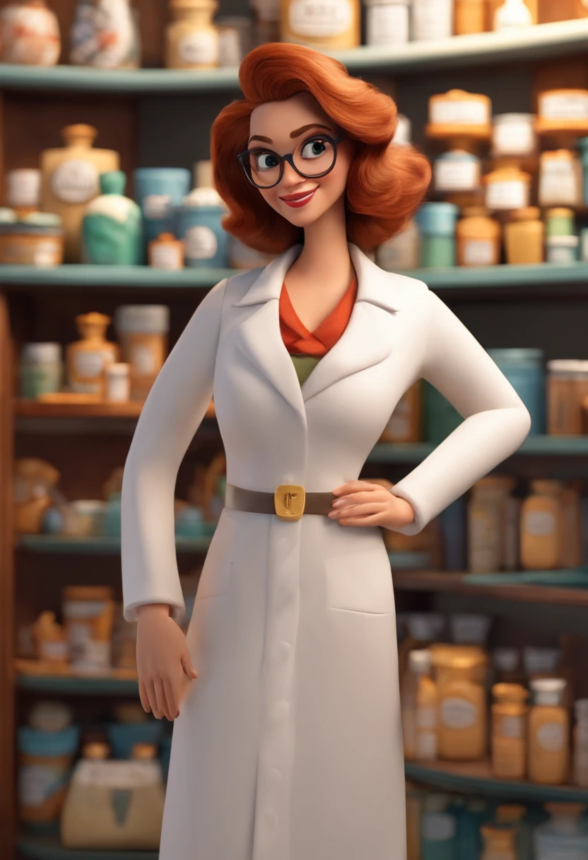 Imagem estilo Pixar com personagem 3D  mulher,branca,29 anos, cabelo ruivo,rosto levemente arredondado, bochechas grandes, queixo pequeno, sobrancelha feita,Some signs on the neck,, liso, curto, pharmacist lab coat, eyeglass, Maquiagem Disney, Pharmacy environment, bonitinho, sorridente ,Close-up, Pixar, Disney, Cinema lighting,