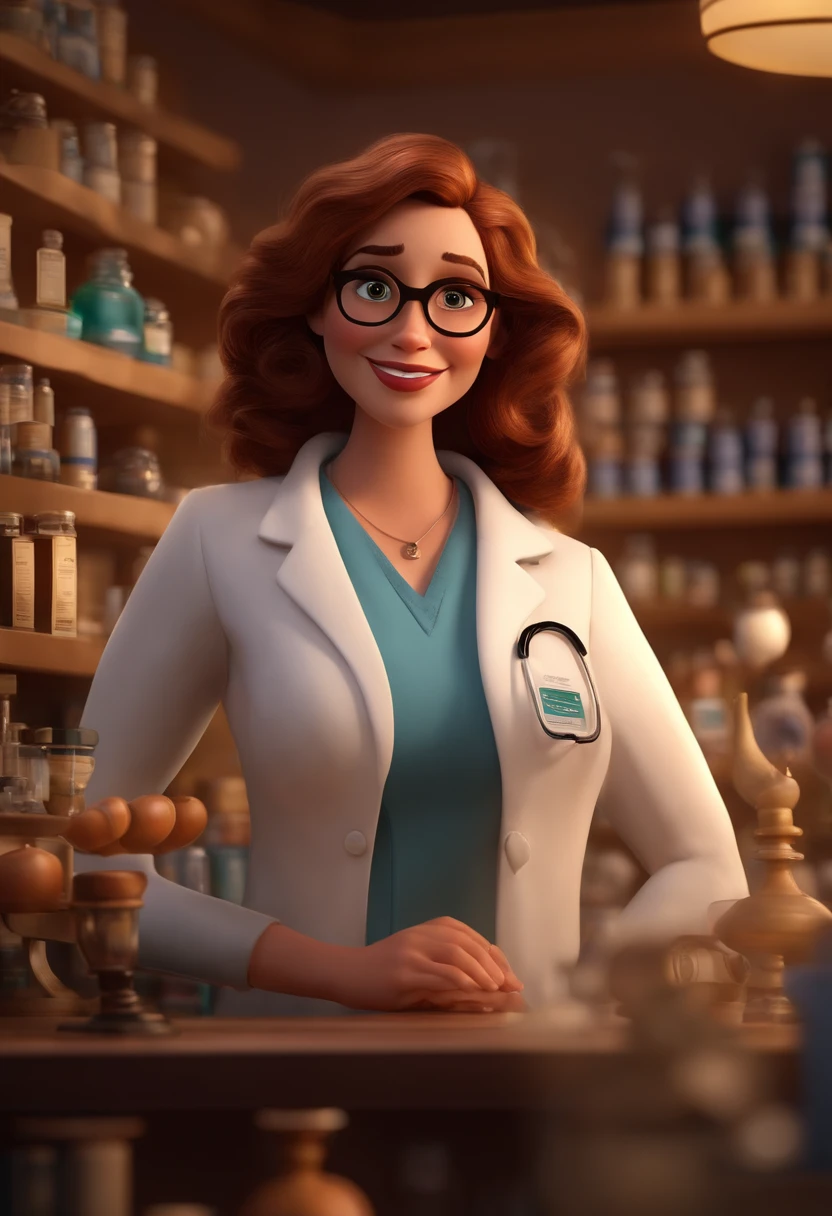 Imagem estilo Pixar com personagem 3D  mulher,branca,29 anos, cabelo ruivo,rosto levemente arredondado, bochechas grandes, queixo pequeno, sobrancelha feita,Some signs on the neck,, liso, curto, pharmacist lab coat, eyeglass, Maquiagem Disney, Pharmacy environment, bonitinho, sorridente ,Close-up, Pixar, Disney, Cinema lighting,