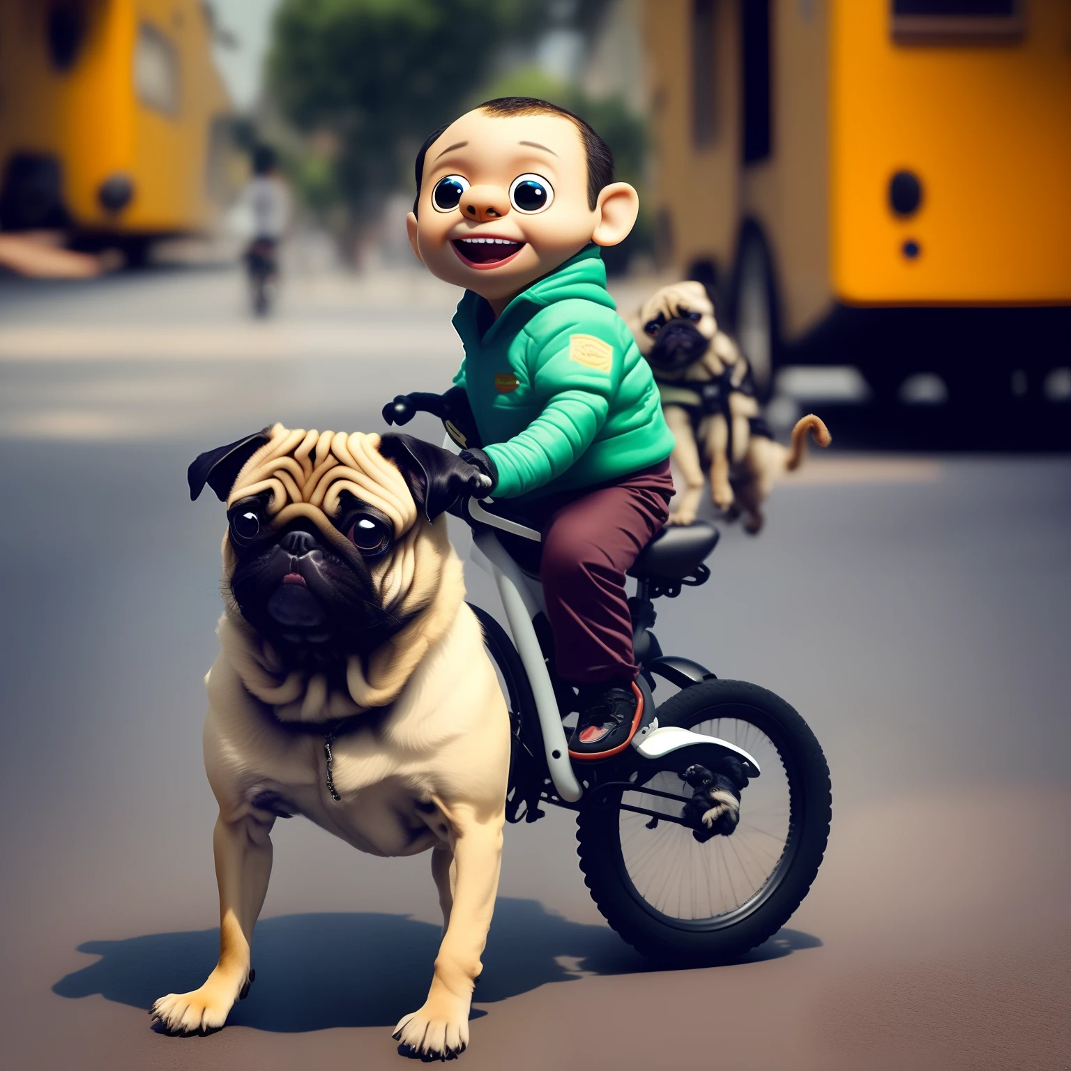 Um menino loiro, em estilo pixar, Riding a bike with your pug puppy