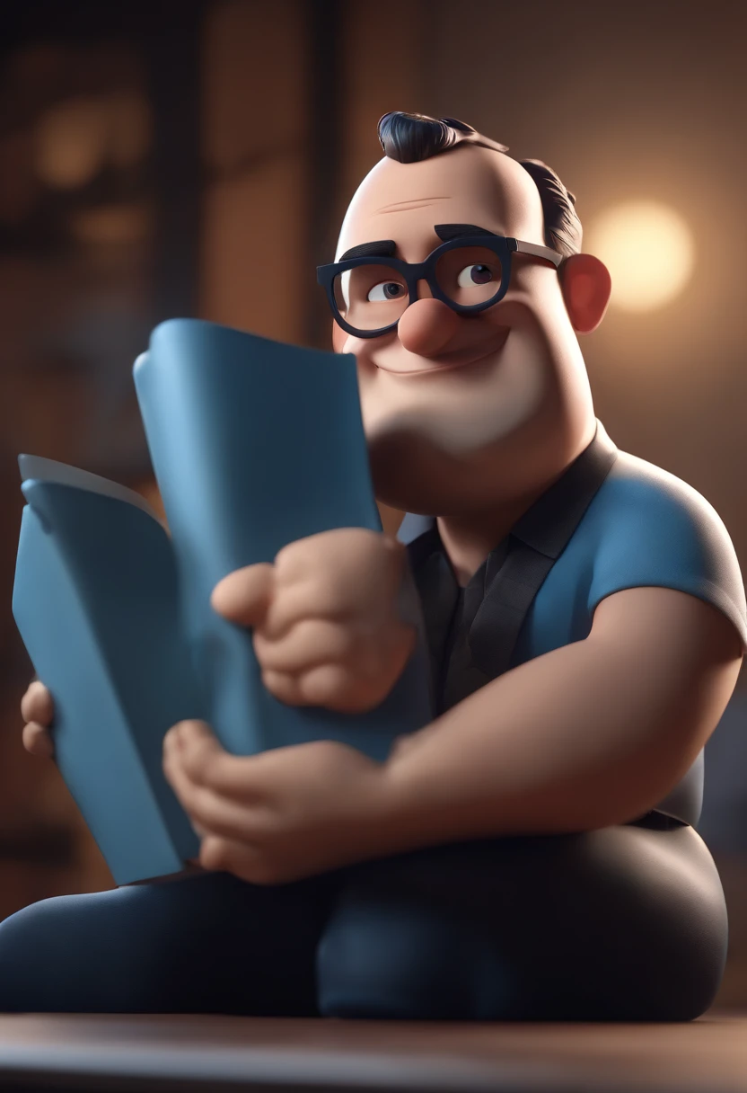 Cartoon character of a man wearing black glasses and a blue shirt, um personagem animado, Caractere estilizado, animation style rendering, 3D estilizado, Arnold Maya render, 3 d render stylized, toon render keyshot, Personagem 3D, Personagem 3D, 3d rendering stylized, 3 d character render, personagem de desenho animado, Personagem de close up, Pose de personagem, (Estilo Pixar) (master part:1.2) (Bokeh) (best quality) (pele detalhada) (textura detalhada) (8k) (argila) (Cinematic lighting) (foco nítido,Senta e vaza a parte superior do corpo