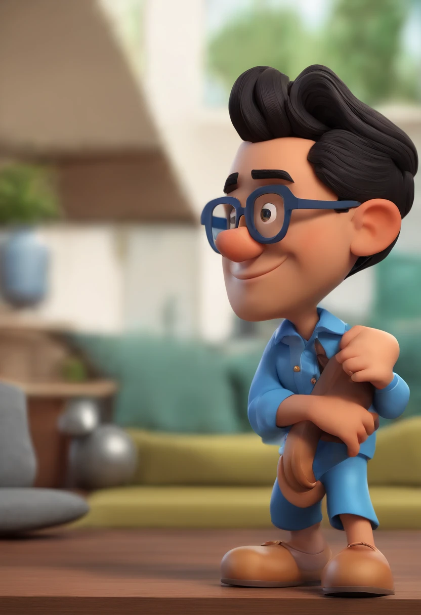 Cartoon character of a man wearing black glasses and a blue shirt, um personagem animado, Caractere estilizado, animation style rendering, 3D estilizado, Arnold Maya render, 3 d render stylized, toon render keyshot, Personagem 3D, Personagem 3D, 3d rendering stylized, 3 d character render, personagem de desenho animado, Personagem de close up, Pose de personagem, (Estilo Pixar) (master part:1.2) (Bokeh) (best quality) (pele detalhada) (textura detalhada) (8k) (argila) (Cinematic lighting) (foco nítido，Senta e vaza a parte superior do corpo