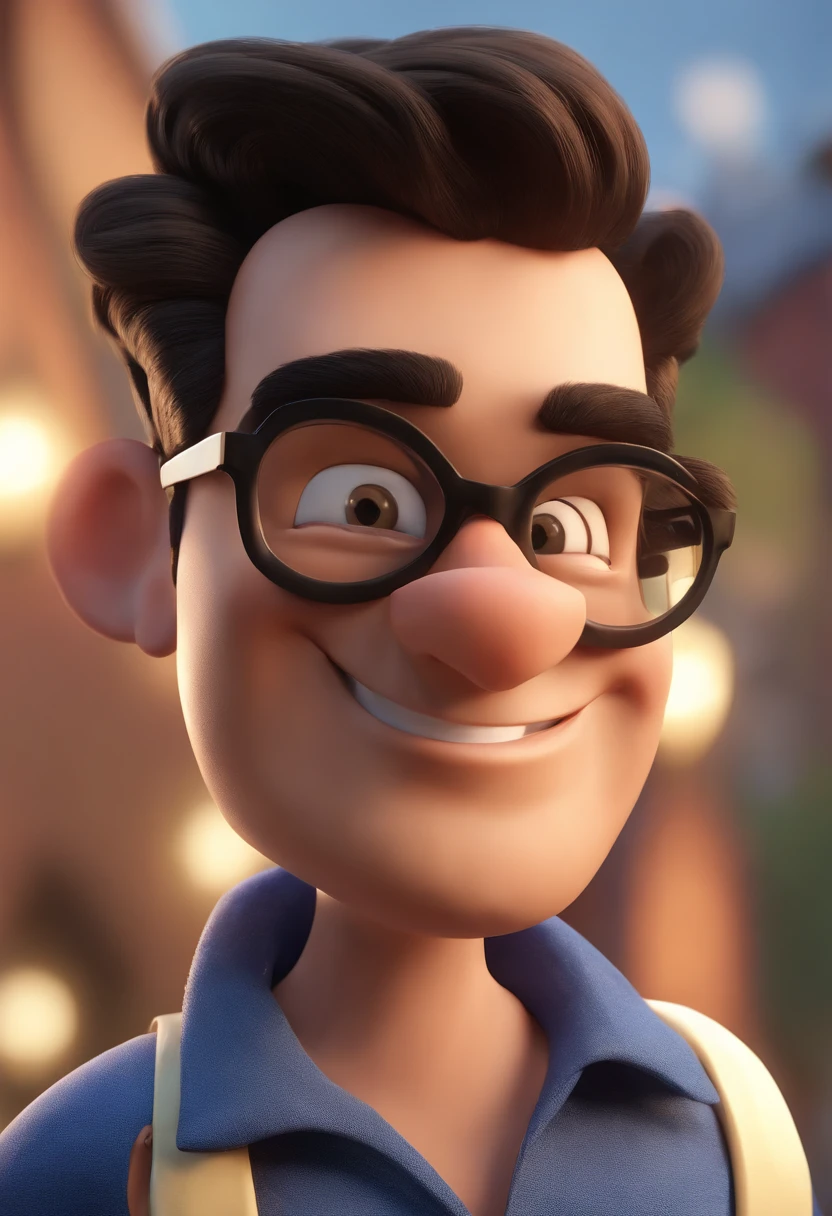 Cartoon character of a man wearing black glasses and a blue shirt, um personagem animado, Caractere estilizado, animation style rendering, 3D estilizado, Arnold Maya render, 3 d render stylized, toon render keyshot, Personagem 3D, Personagem 3D, 3d rendering stylized, 3 d character render, personagem de desenho animado, Personagem de close up, Pose de personagem, (Estilo Pixar) (master part:1.2) (Bokeh) (best quality) (pele detalhada) (textura detalhada) (8k) (argila) (Cinematic lighting) (foco nítido，Senta e vaza a parte superior do corpo