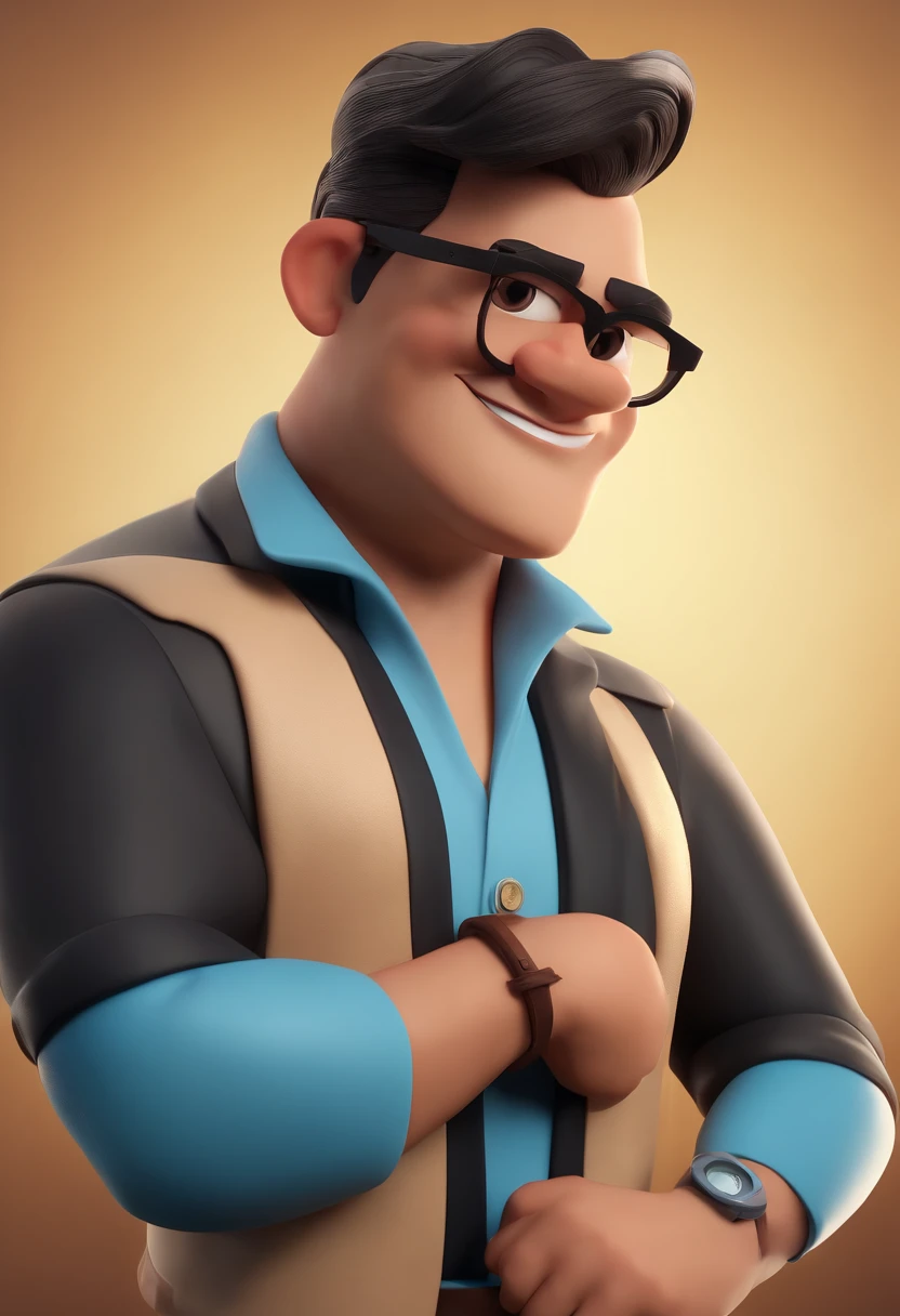 Cartoon character of a man wearing black glasses and a blue shirt, um personagem animado, Caractere estilizado, animation style rendering, 3D estilizado, Arnold Maya render, 3 d render stylized, toon render keyshot, Personagem 3D, Personagem 3D, 3d rendering stylized, 3 d character render, personagem de desenho animado, Personagem de close up, Pose de personagem, (Estilo Pixar) (master part:1.2) (Bokeh) (best quality) (pele detalhada) (textura detalhada) (8k) (argila) (Cinematic lighting) (foco nítido,Senta e vaza a parte superior do corpo