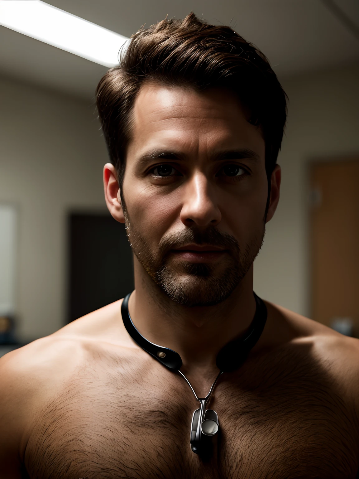 masterpiece, best quality, high resolution, closeup portrait, male focus, solo focus, A man, 36 years old, detailed face , with doctor clothes, doctor unform, cute masculine face, seductive, bare chest, body hair, facial hair, muscular, skinny , facial hair, hairy legs, in the background a doctor hospital room, amazing composition, front view, HDR, ultra quality, elegant, highly detailed