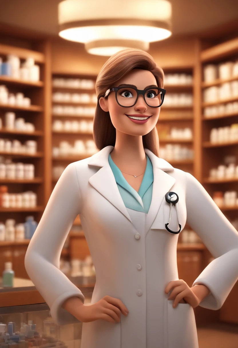 Imagem estilo Pixar com personagem 3D mulher,branca,29 anos, cabelo ruivo liso,rosto levemente arredondado, bochechas grandes, queixo pequeno, sobrancelha feita,Some signs on the neck, curto, pharmacist lab coat, eyeglass, Maquiagem Disney, Pharmacy environment, bonitinho, sorridente ,Close-up, Pixar, Disney, Cinema lighting,