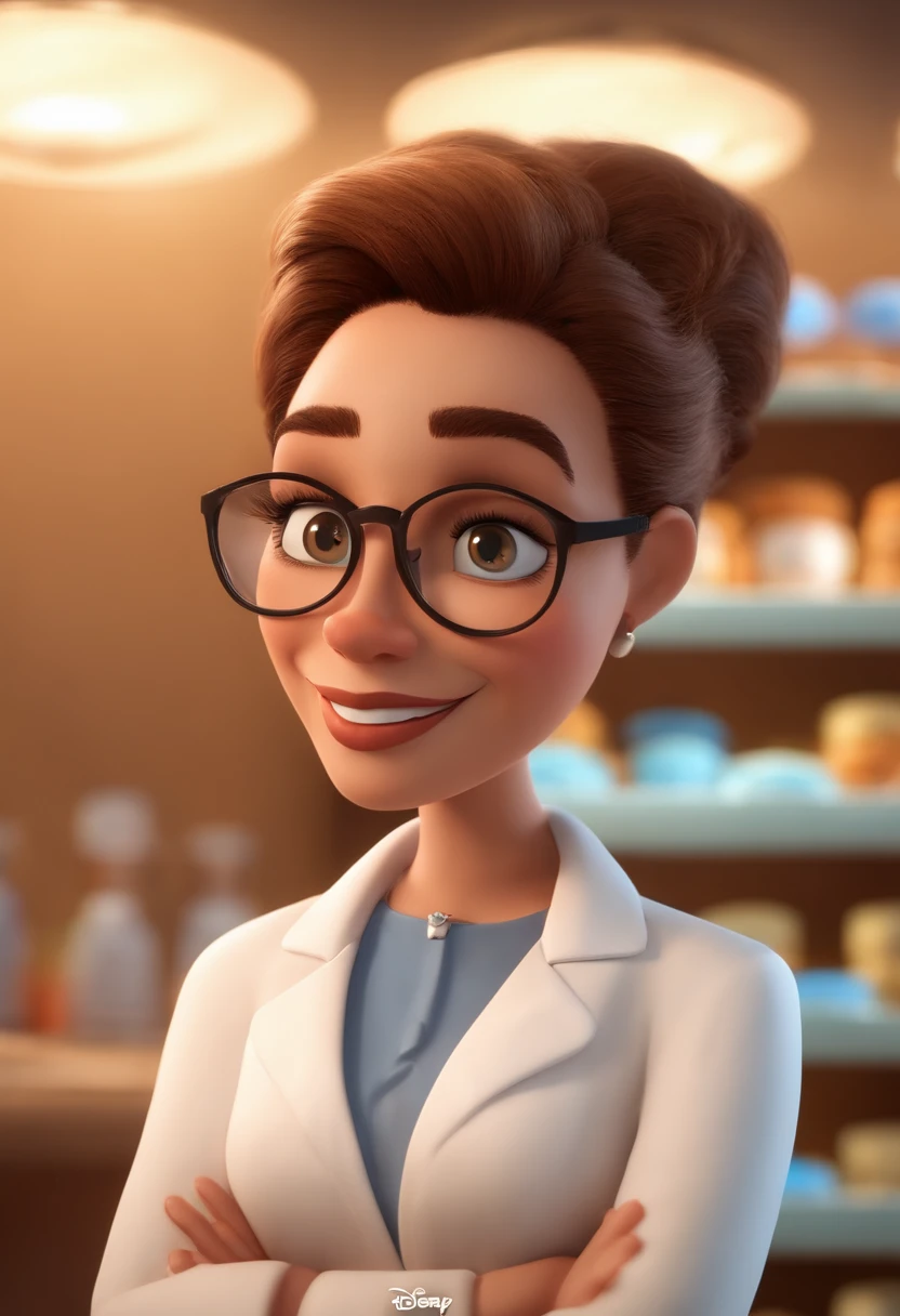 Imagem estilo Pixar com personagem 3D  mulher,branca,29 anos, cabelo ruivo liso,rosto levemente arredondado, bochechas grandes, queixo pequeno, sobrancelha feita,Some signs on the neck, curto, pharmacist lab coat, eyeglass, Maquiagem Disney, Pharmacy environment, bonitinho, sorridente ,Close-up, Pixar, Disney, Cinema lighting,