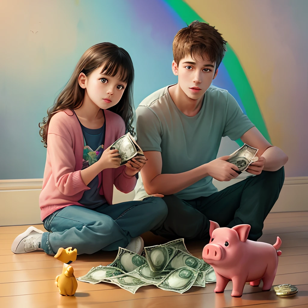 a realistic image, with a rainbow background, with children, holding a piggy bank in their hands, and a chest of money on the floor.