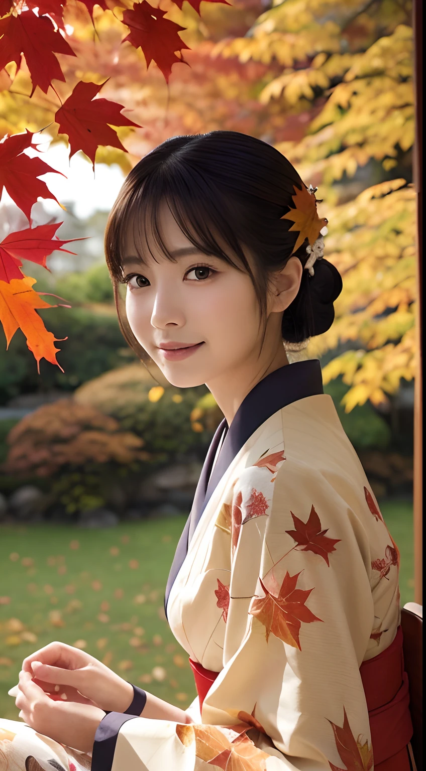 (Photorealsitic:1.4), (Top image quality:1.0), (超A high resolution:1.0), 8K, Raw photography, (​masterpiece:0.2), (pureerosface_v1:0.5)、(Best Quality Detail:1.2)、realisitic、8K UHD、hight resolution、(1girl in:1.2)、The ultra-detailliert、High quality textures、intricate detailes、detaileds、Very detailed CG、High quality shadows、Detail Beautiful delicate face、Detail Beautiful delicate eyes、depth of fields、Ray traching,1girl in, japanaese girl, Cute, slender, Kimono with Japanese pattern,Floral scrunchie, Beautiful skin, Facing the front,Sit down, Sit upright and say thank you,Align your hands elegantly,Smile faintly The Land of Japan,Japanese garden,Luxury Japanese-style room, (In rows of maple trees:1.2), ((Autumn foliage scenery:1.3)), skyporn, Magic Hour, (Realistic:1.3), Finely detailed, quality, (masutepiece:1.2), (Photorealistic:1.2), (Best Quality), (Intricate details), Dramatic, Ray tracing, photograph, +Lola