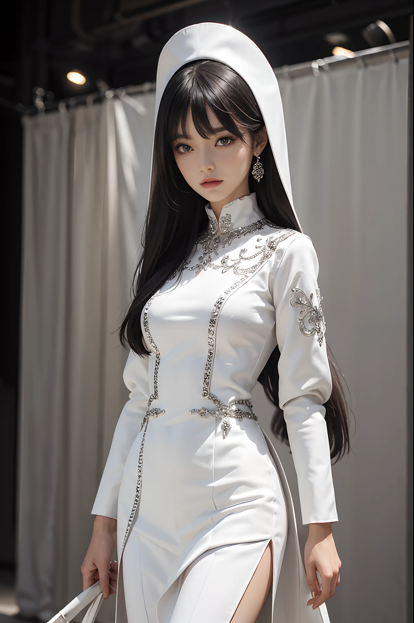 Fashion show, A female model walking on the catwalk, she wears white and black, silver embellishments, fashion statement, Mary Quant inspired outfit. Highly detailed.