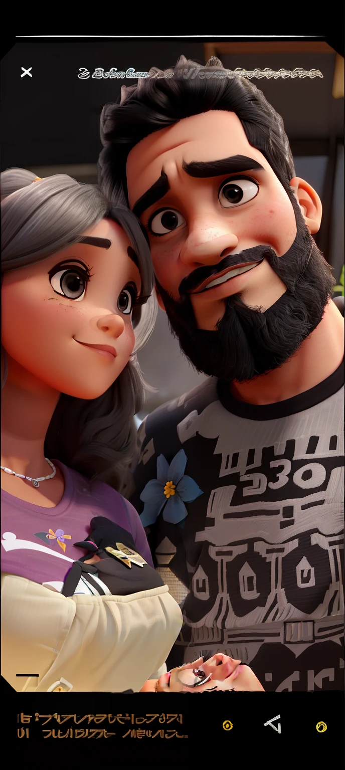 Casal( uma mulher de 33 anos com bochechas um poucograndes e olhos levemente puxados de cabelo preto e um homem.negro de barba com uma camisa de estampa de flor escura