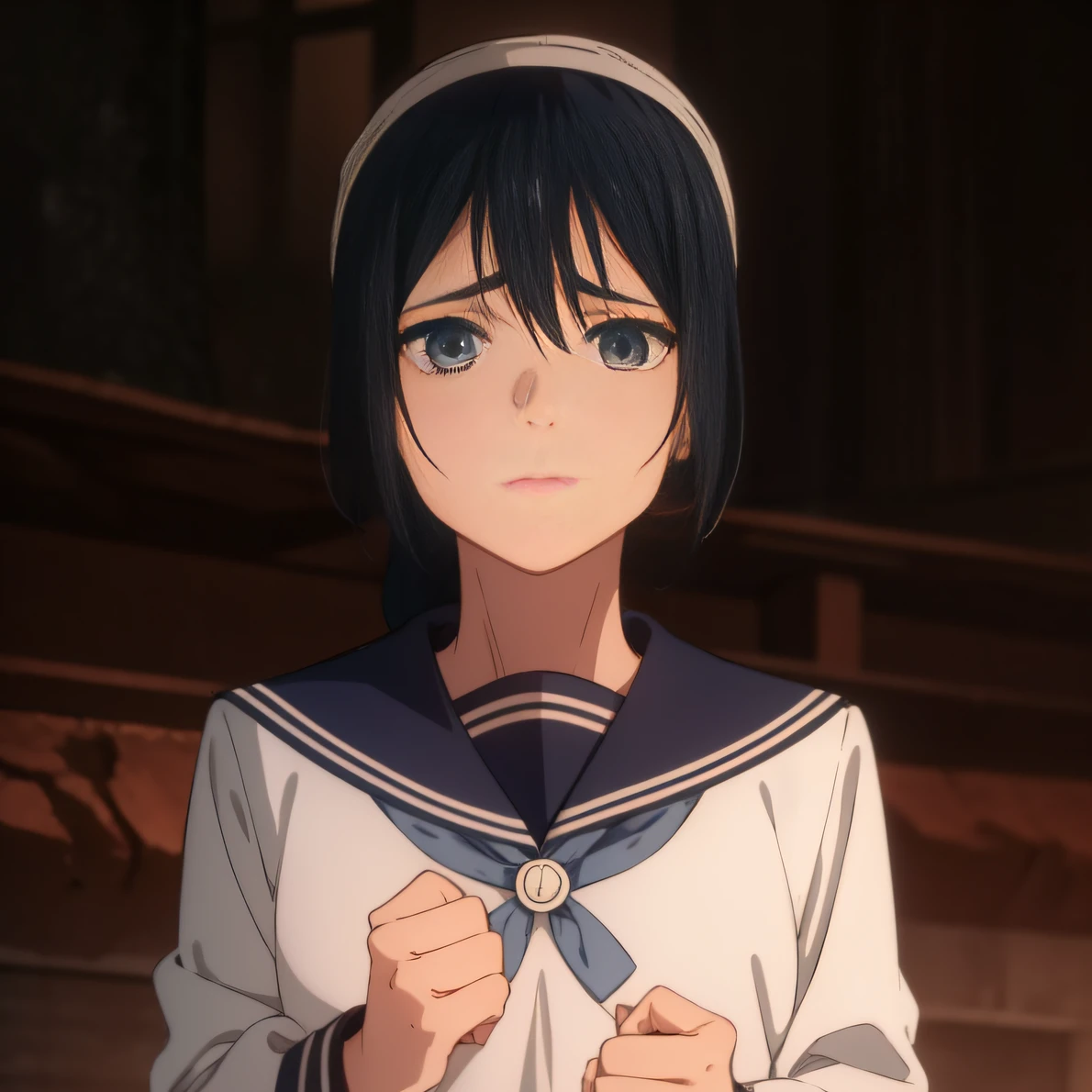 Amanai Riko, anime girl in sailor suit ponytail standing on old Japanese style ruins, long black hair, white cloth hair band,
break shirt, long sleeves, dress, ribbon, white shirt, collared shirt, belt, neck ribbon, red dress, blue ribbon, pleated dress, gray dress, two-tone dress, red belt, lycoris uniform, light head tilt, underground shrine,
BREAK when you see BREAK (masterpiece:1.2), highest quality, high resolution, unified 8k wallpaper, (illustration:0.8), (beautiful detailed eyes:1.6), highly detailed face, perfect lighting, highly detailed CG, (perfect hands, perfect anatomy),