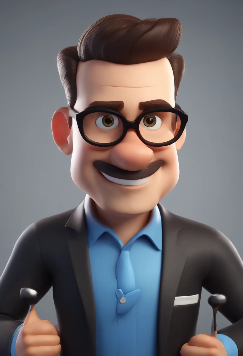 Cartoon character of a man wearing black glasses and a blue shirt, um personagem animado, Caractere estilizado, animation style rendering, 3D estilizado, Arnold Maya render, 3 d render stylized, toon render keyshot, Personagem 3D, Personagem 3D, 3d rendering stylized, 3 d character render, personagem de desenho animado, Personagem de close up, Pose de personagem, (Estilo Pixar) (master part:1.2) (Bokeh) (best quality) (pele detalhada) (textura detalhada) (8k) (argila) (Cinematic lighting) (foco nítido,Senta e vaza a parte superior do corpo